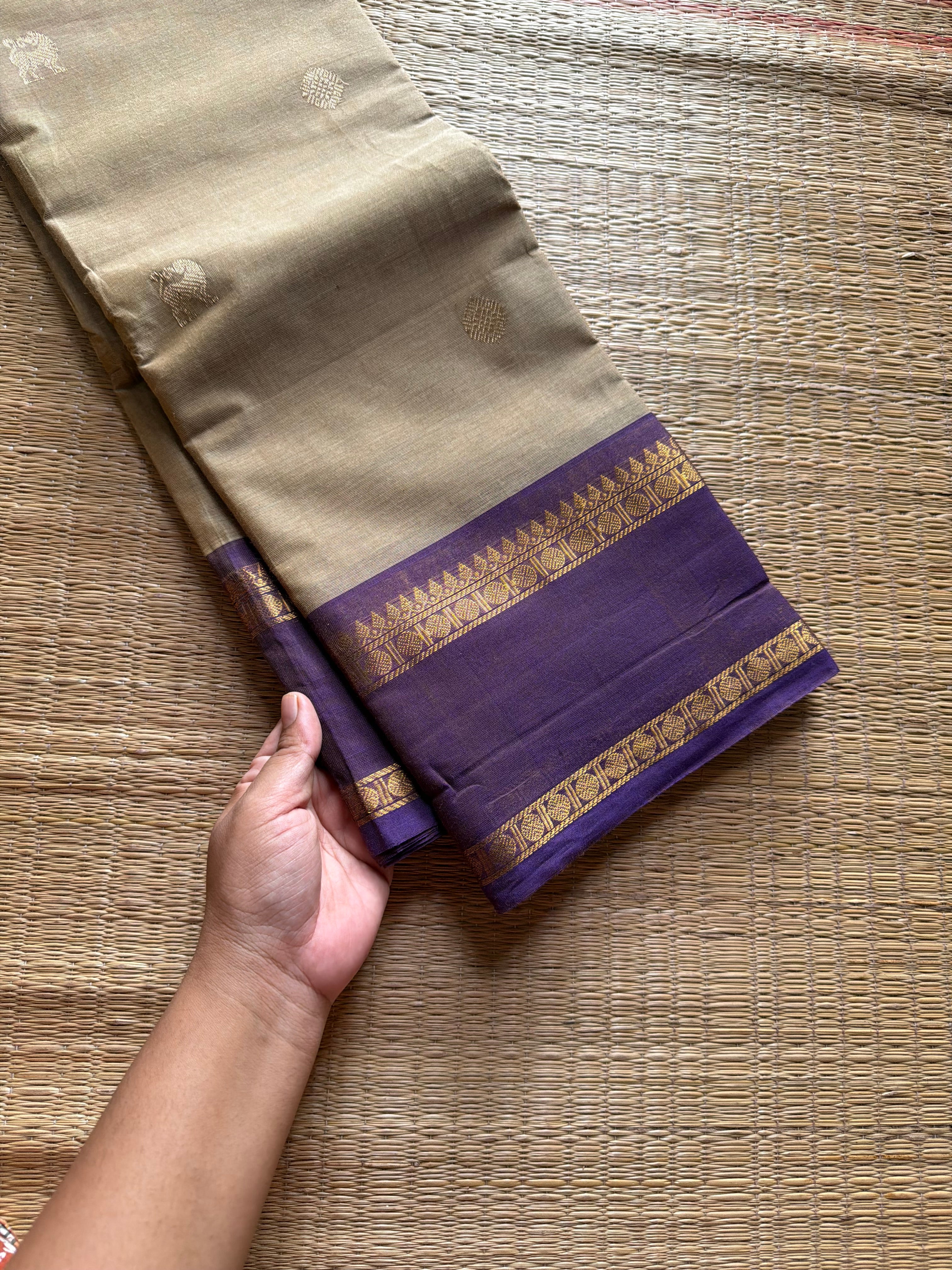 RF1376 Premium 120 count Rich Pallu Kanchi cotton saree with traditional gap border & yazhi pattern buttas ~ Beige shade