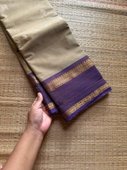 RF1376 Premium 120 count Rich Pallu Kanchi cotton saree with traditional gap border & yazhi pattern buttas ~ Beige shade