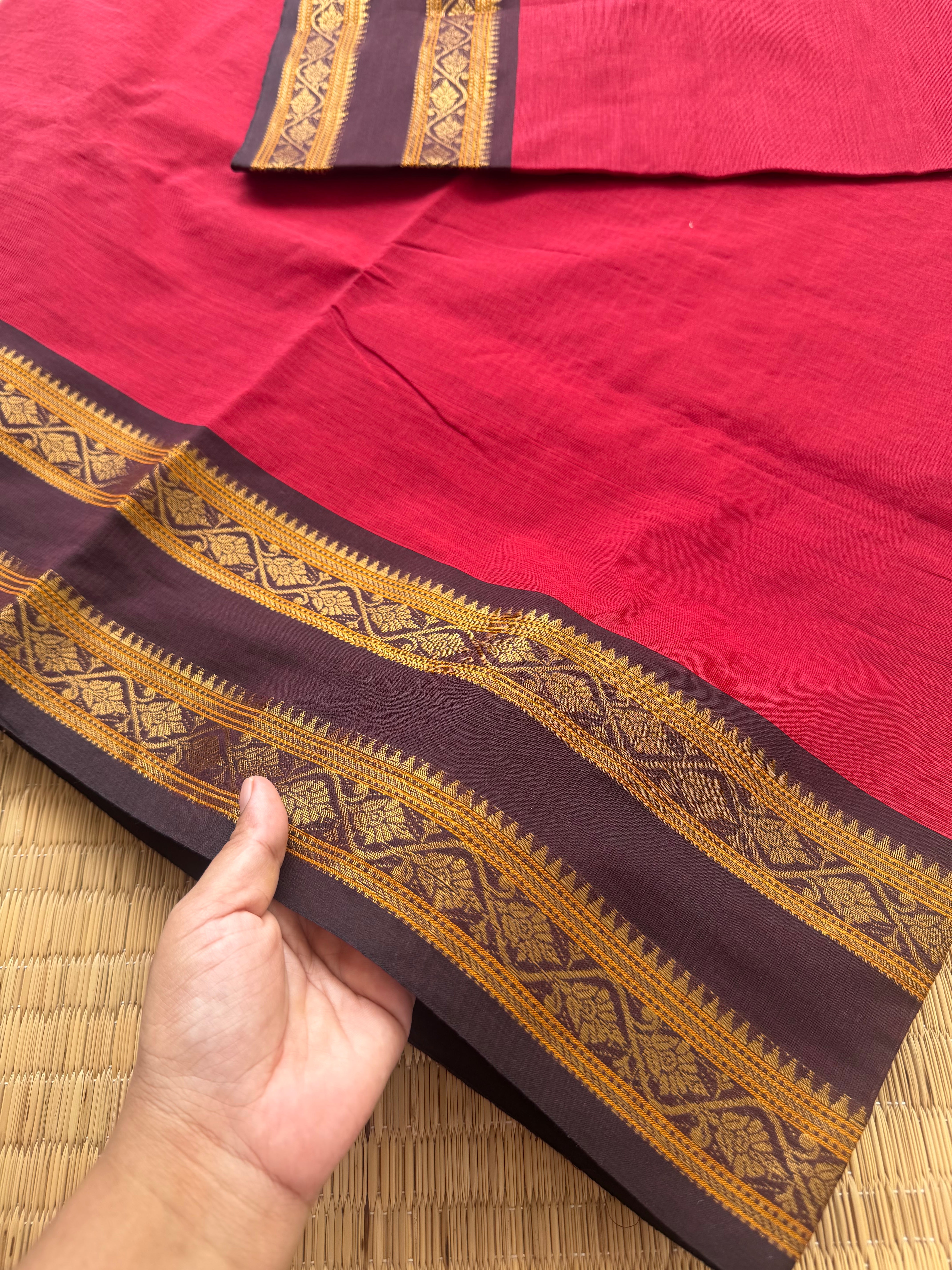 RF149 Reddish maroon with contrast brown Rettapet border Kanchi cotton saree