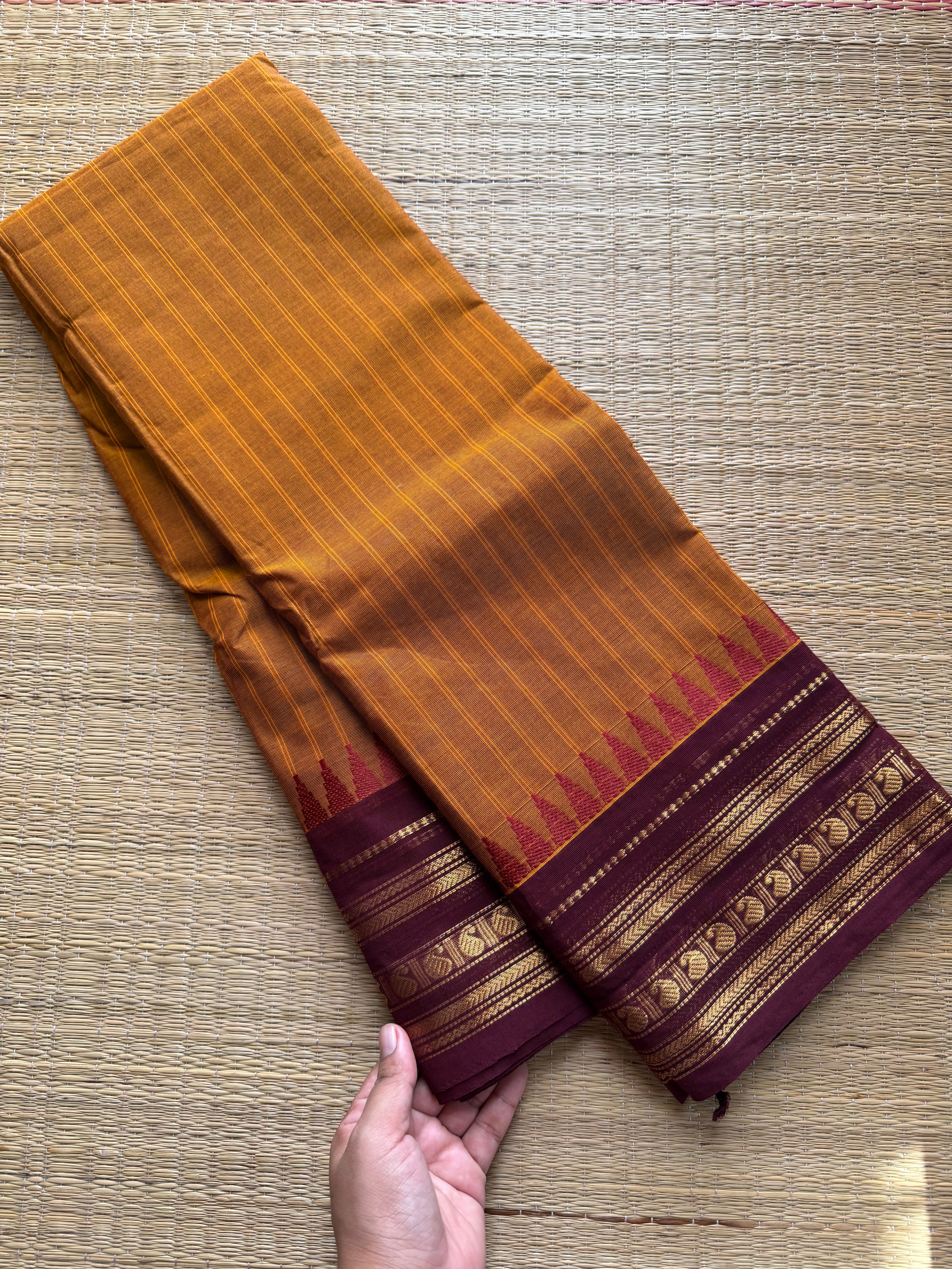 RF298 Dual tone orange with maroon combination Kanchi cotton saree with vertical striped pattern & mango Zari border