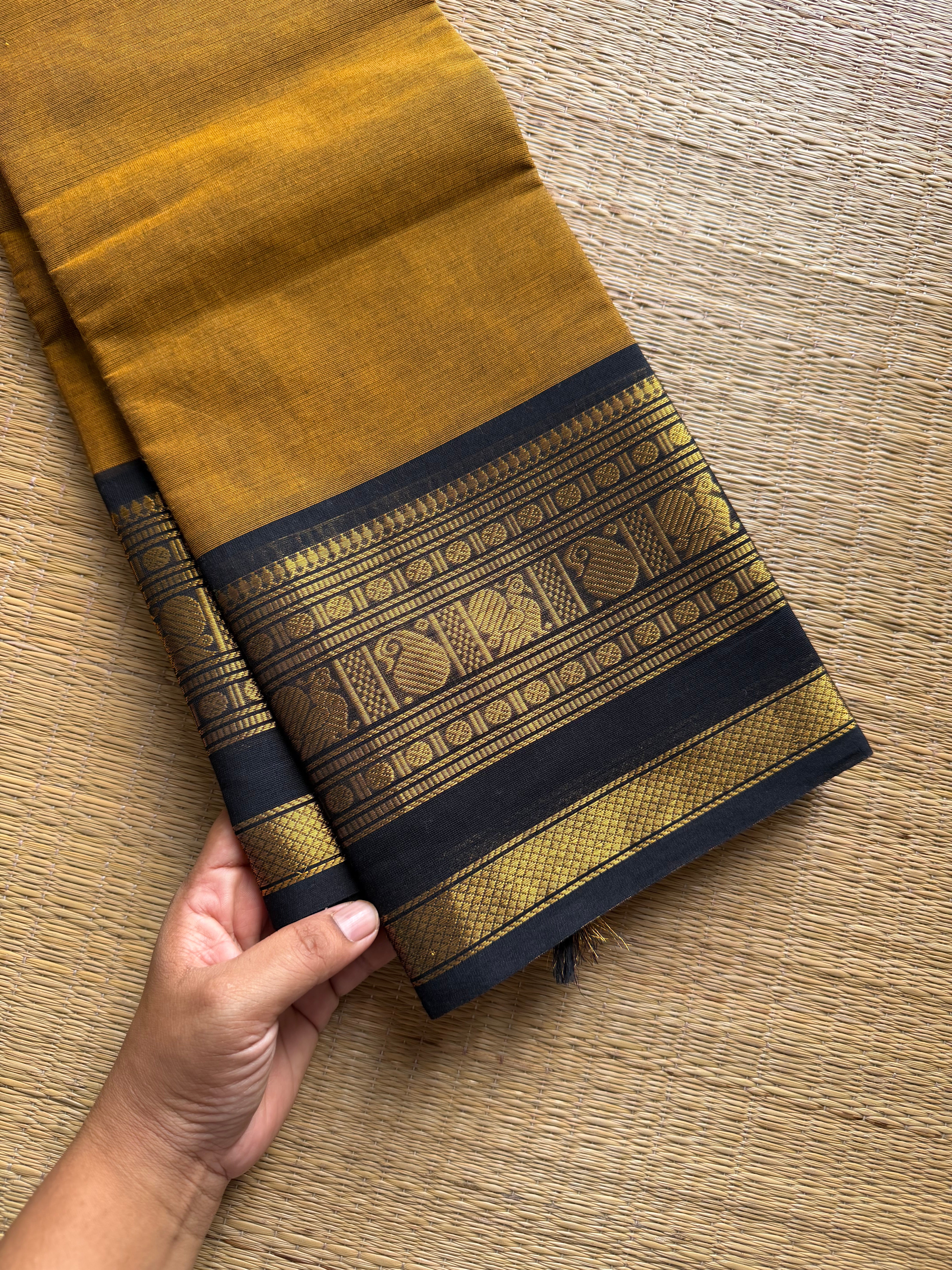 RF1157 Mustard with black Kanchi cotton saree