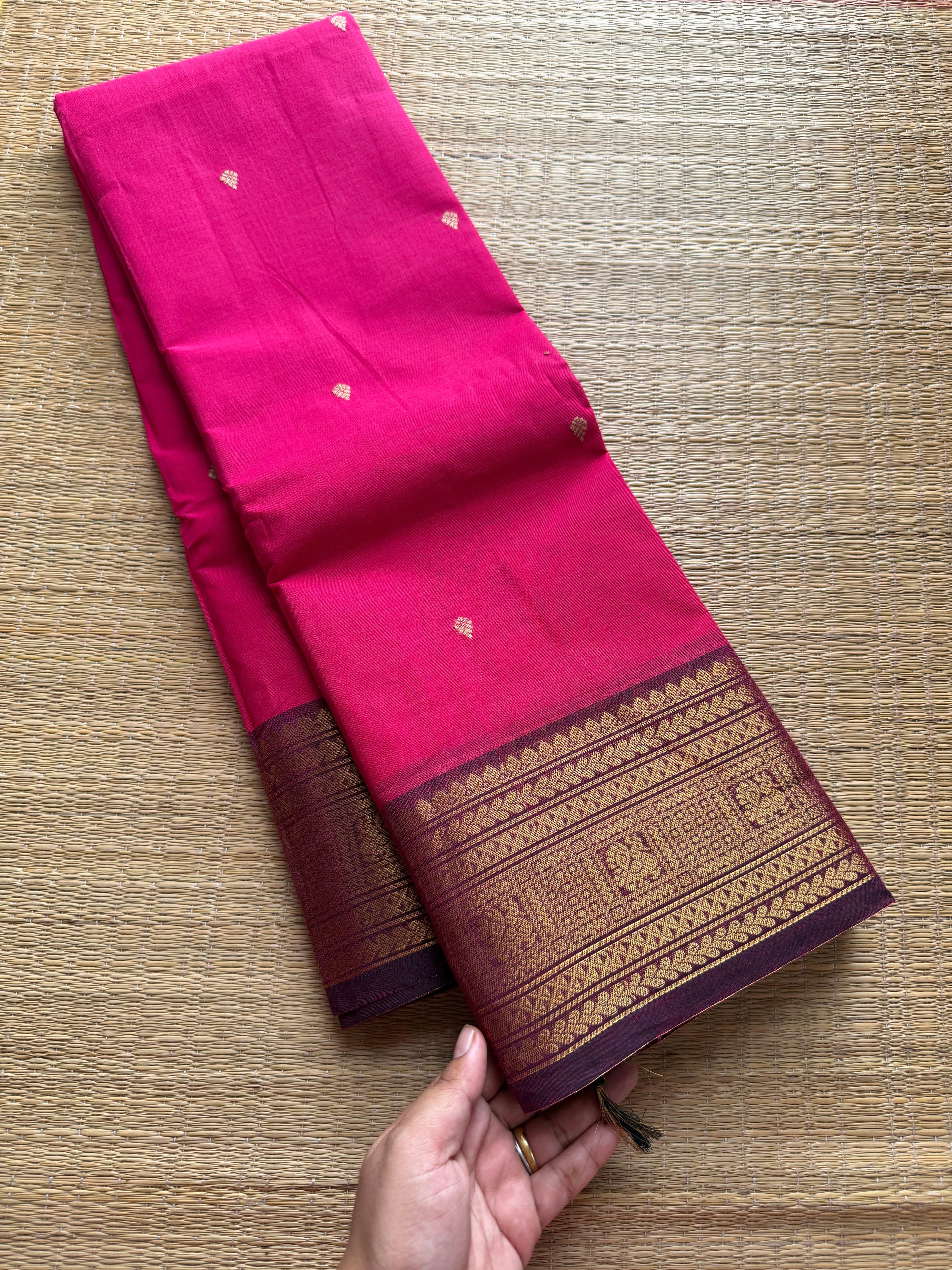 RF500 Rani pink with purple border combination Kanchi cotton saree with handmade thread buttas