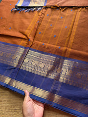 Honey shade with blue combination Kanchi cotton saree with handmade thread buttas