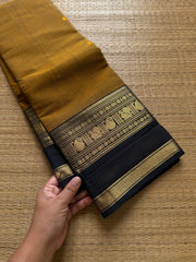 RF703 Mustard with black combination Kanchi cotton saree with handmade thread buttas