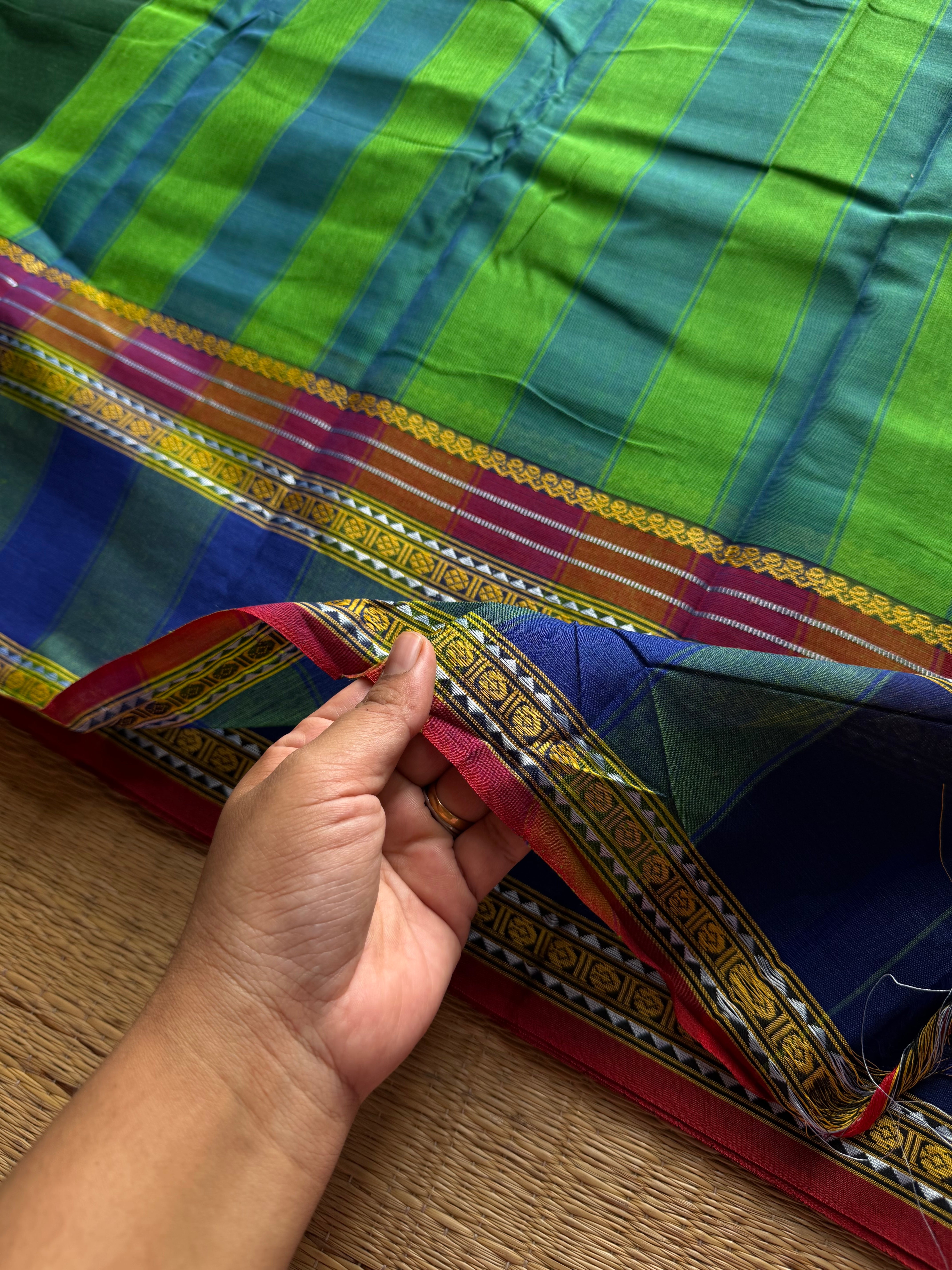 RF1310 Green Mercerised soft Narayanpet cotton saree with vintage gap border