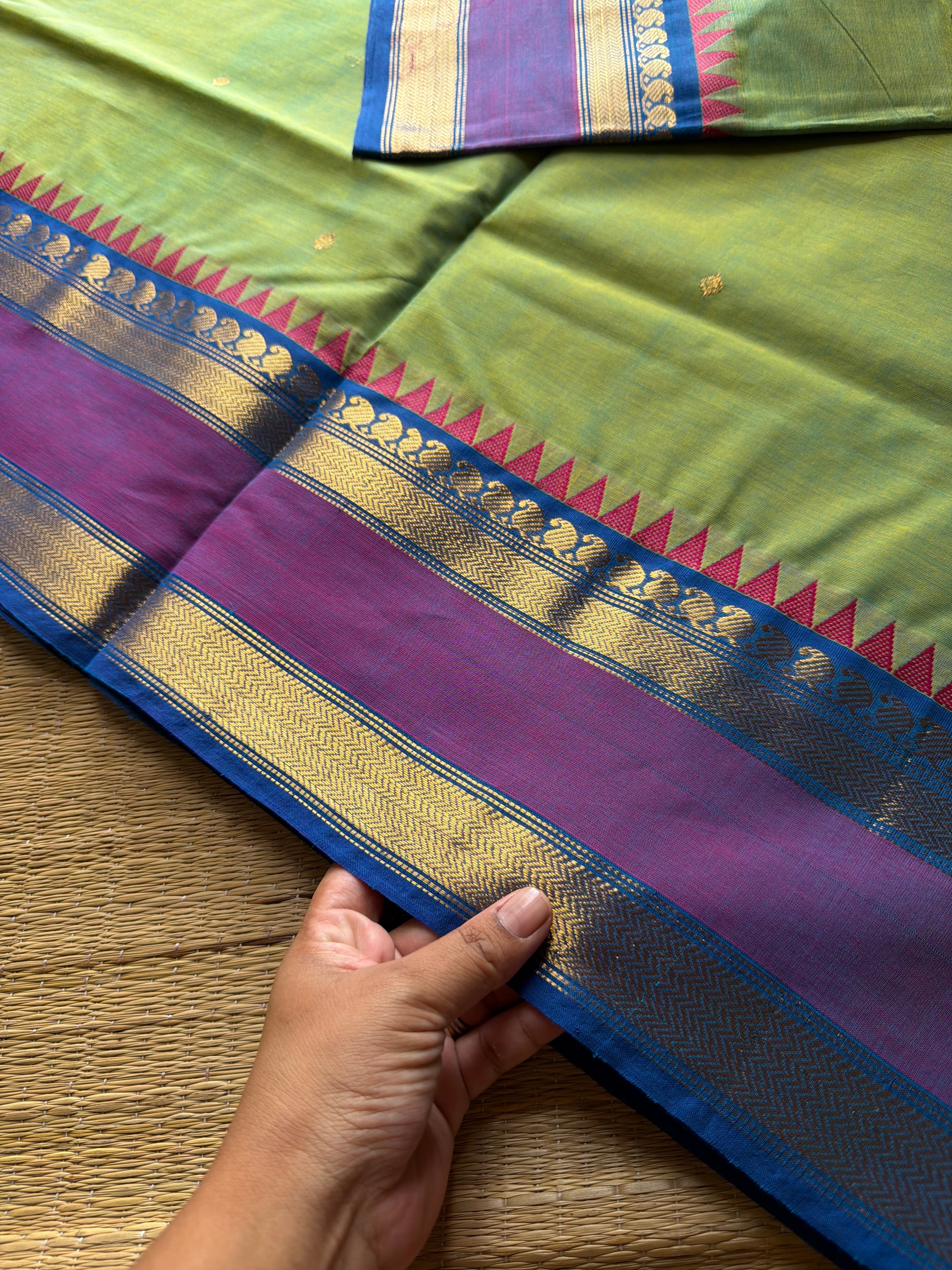 RF902 Kanchi cotton saree with handmade thread buttas ~ Apple green shade
