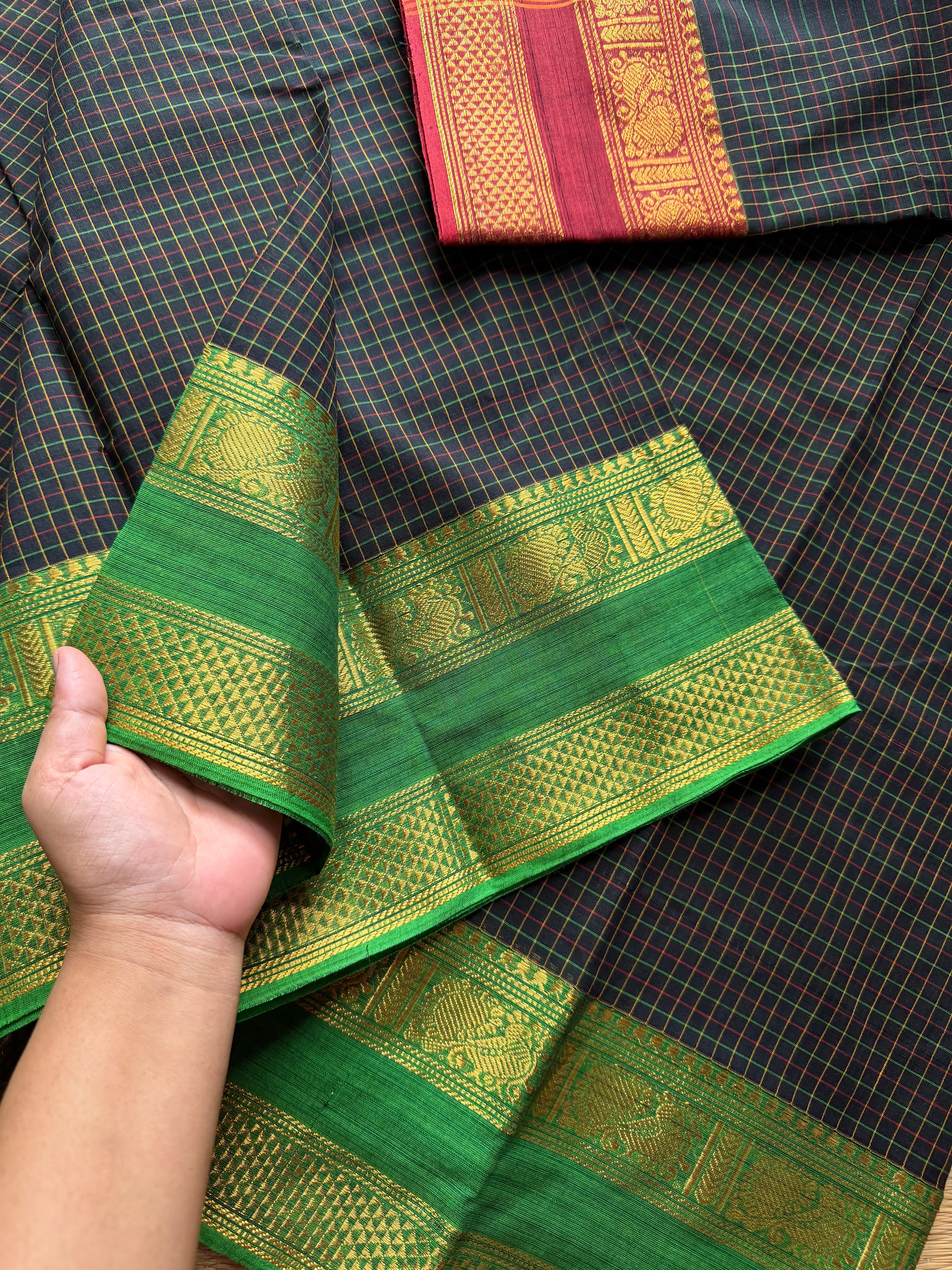 RF460 Black shade kanchi cotton saree with green and maroon combination Ganga Jamuna border with checks / Kattam pattern