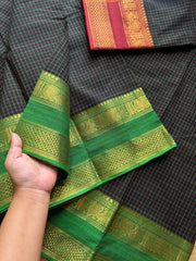 RF460 Black shade kanchi cotton saree with green and maroon combination Ganga Jamuna border with checks / Kattam pattern
