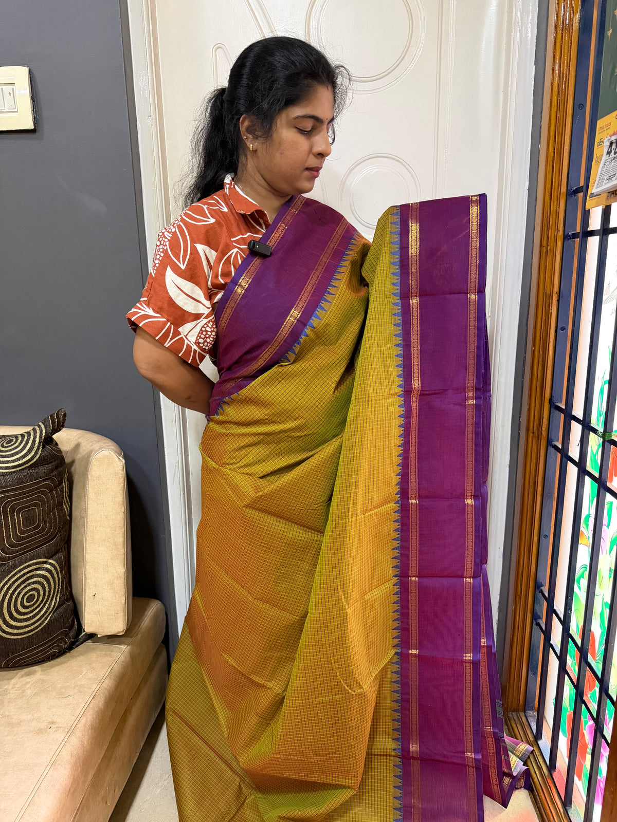 RF537 Dual tone methi green shade vintage border Podikattam Kanchi cotton saree