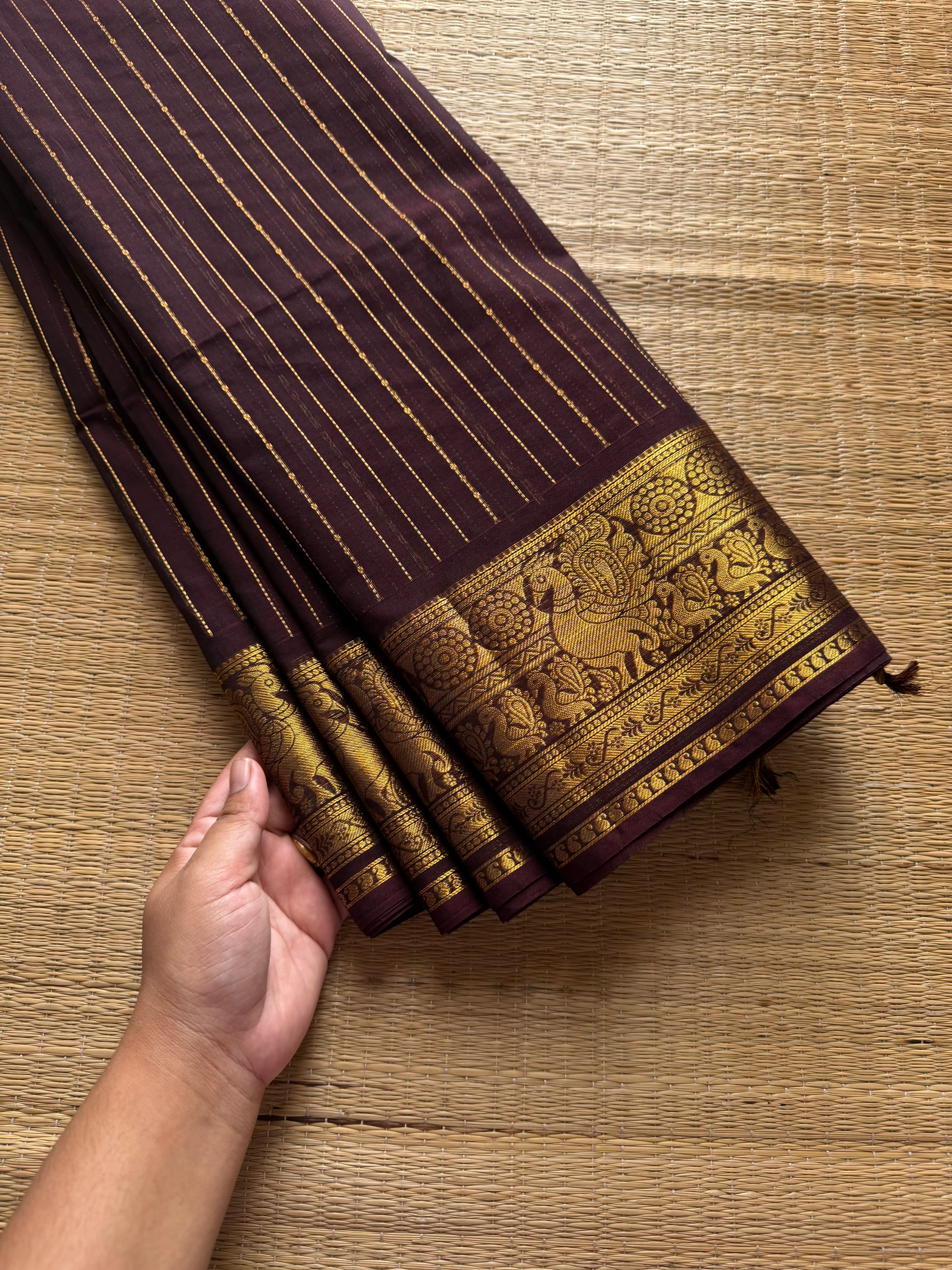 RF660 Rich Pallu Kanchi Cotton Saree with Vairaoosi Pattern ~ Monotone deep coffee brown