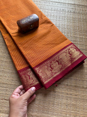 RF194 Orange shade with contrast maroon combination traditional Korvai style border Kanchi cotton saree with vaira Oosi pattern