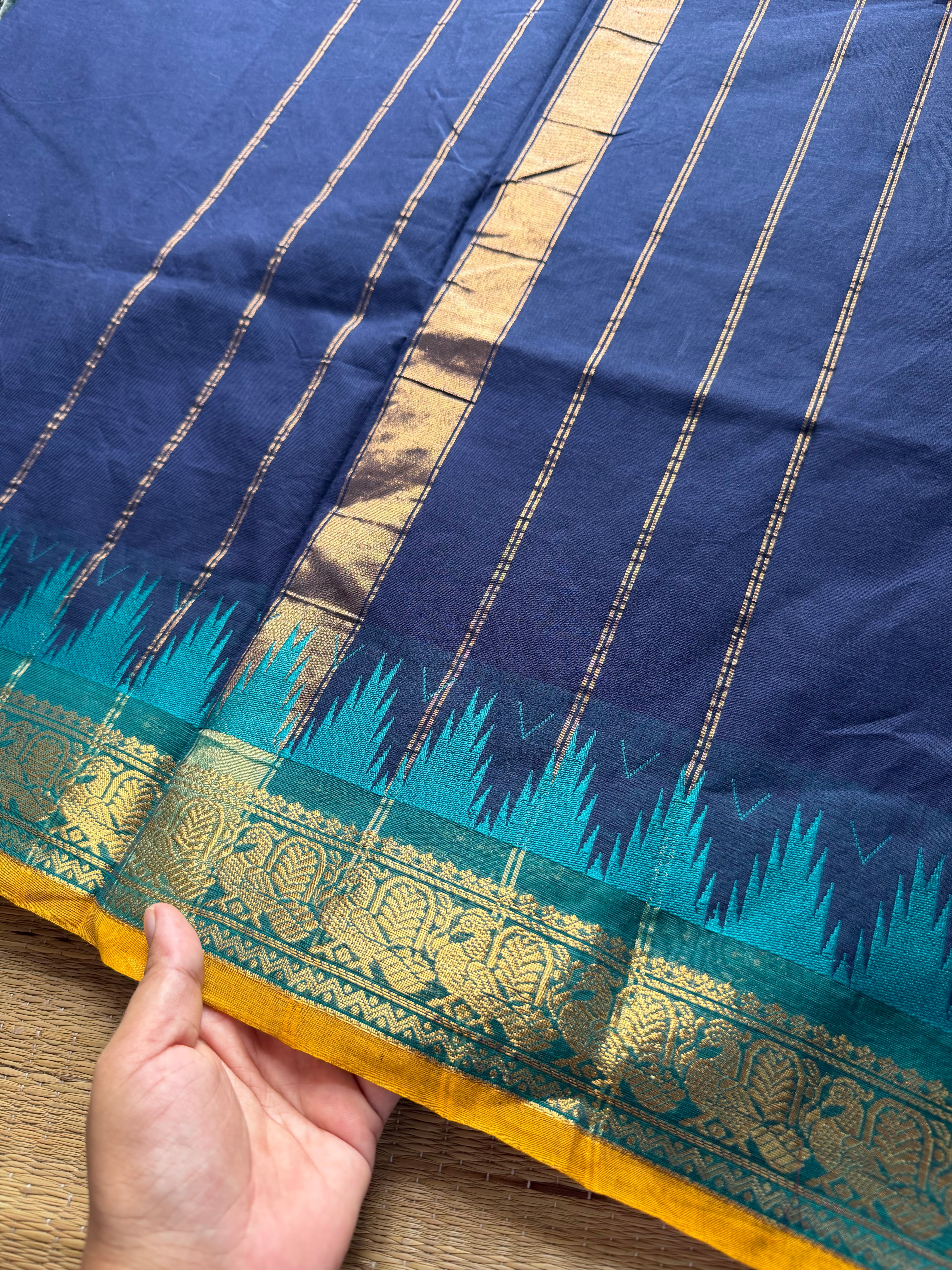 RF203 Royal Blue Shade Kanchi cotton saree with contrast Thazhampoo border