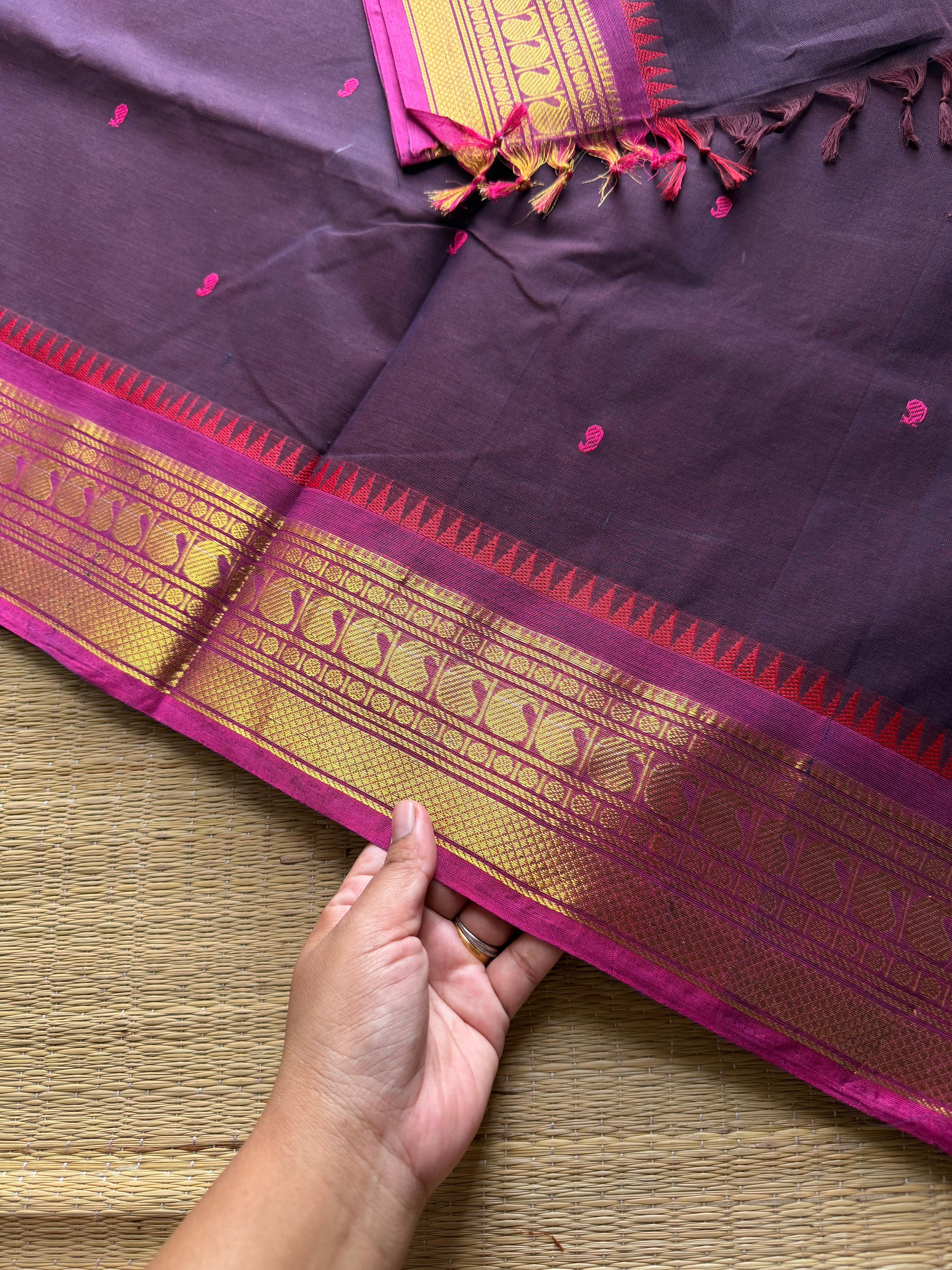 RF915 Beetroot skin shade ~ Kanchi cotton saree with handmade thread buttas