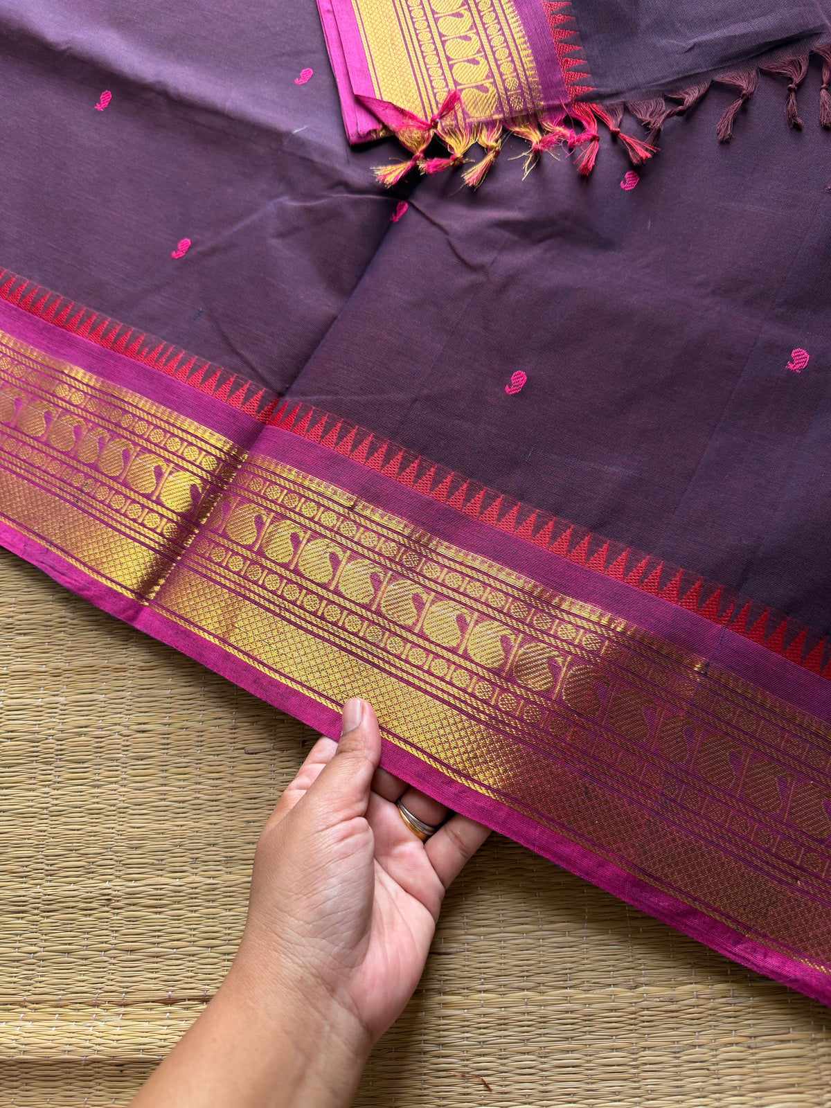 RF915 Beetroot skin shade ~ Kanchi cotton saree with handmade thread buttas