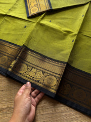 RF852 Green with black Kanchi cotton saree with handmade thread buttas