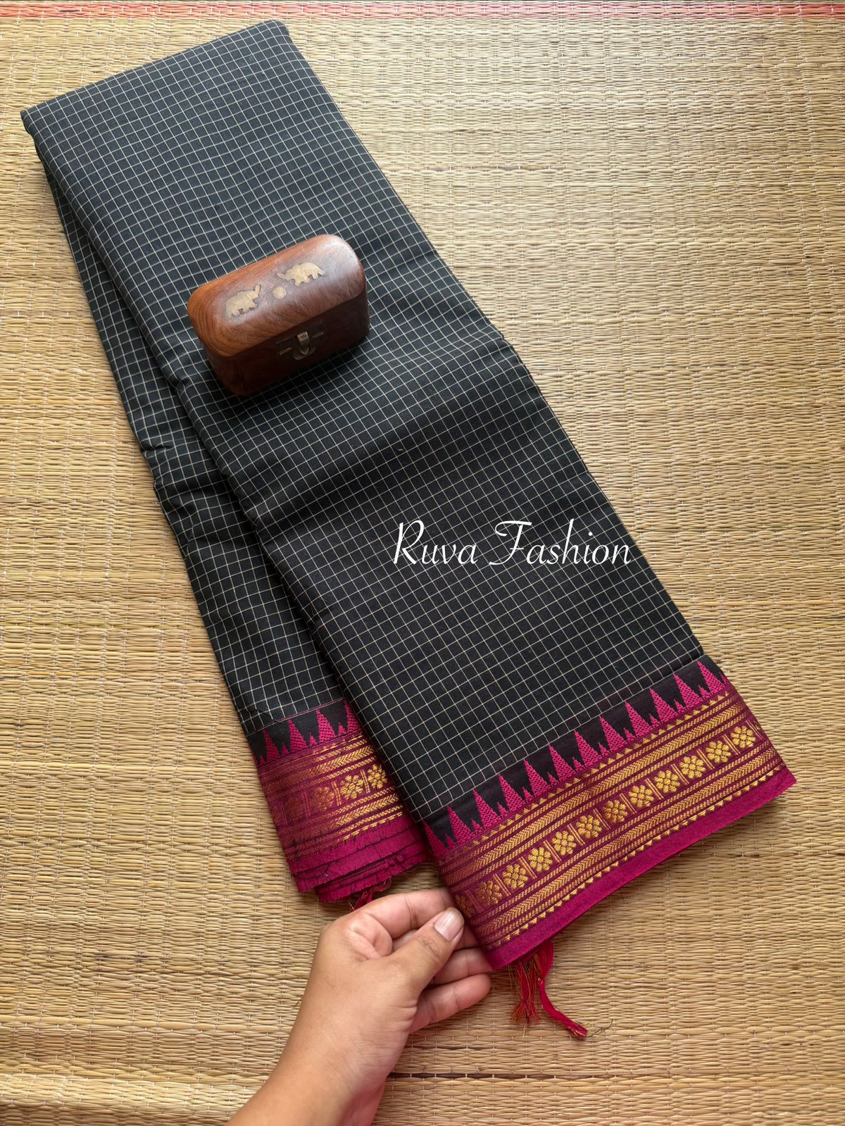 RF106 Black with pink combination Podi Kattam / small checks vintage border Kanchi cotton saree