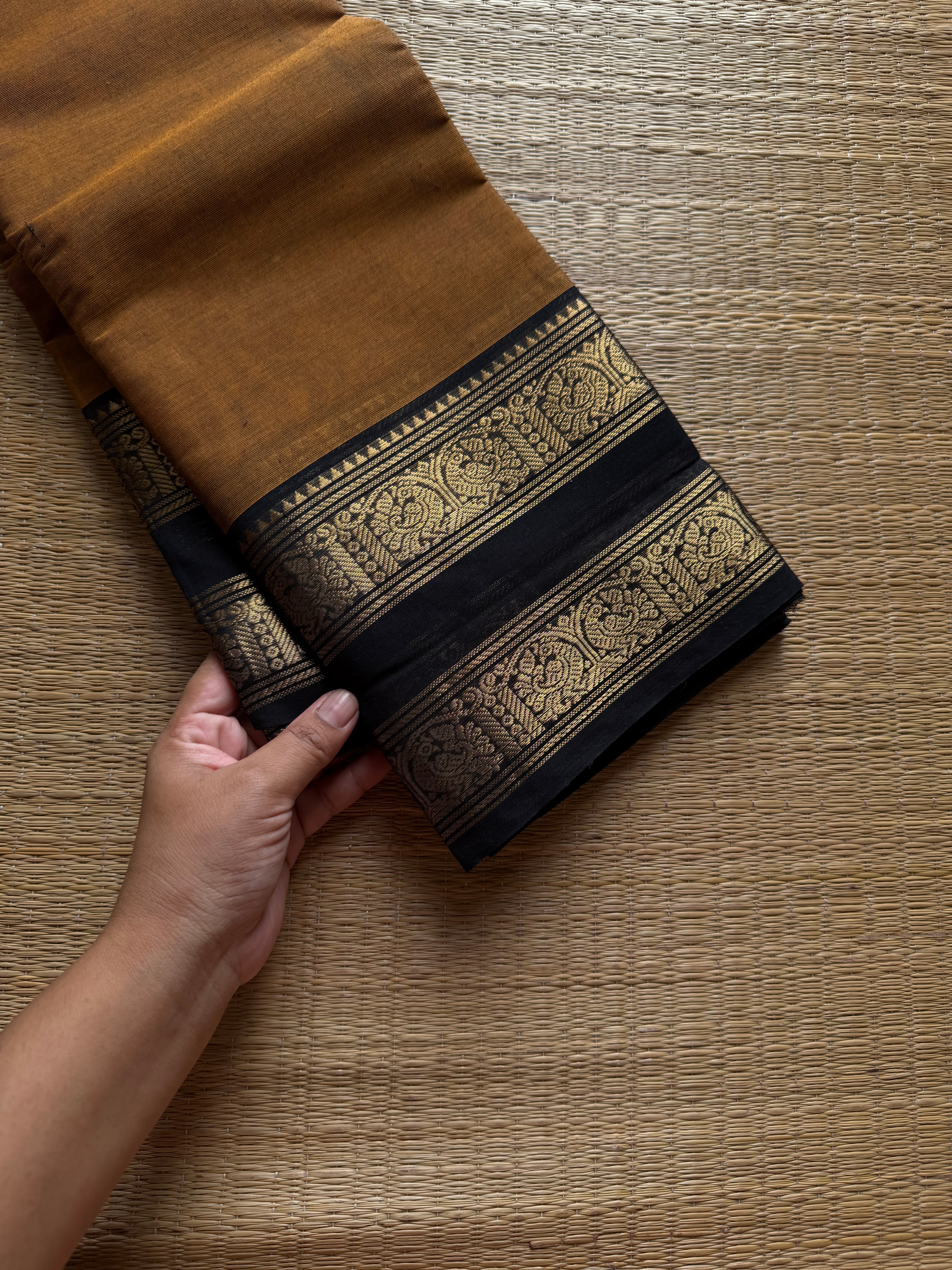RF1064 Mustard with black Kanchi cotton saree with gap border