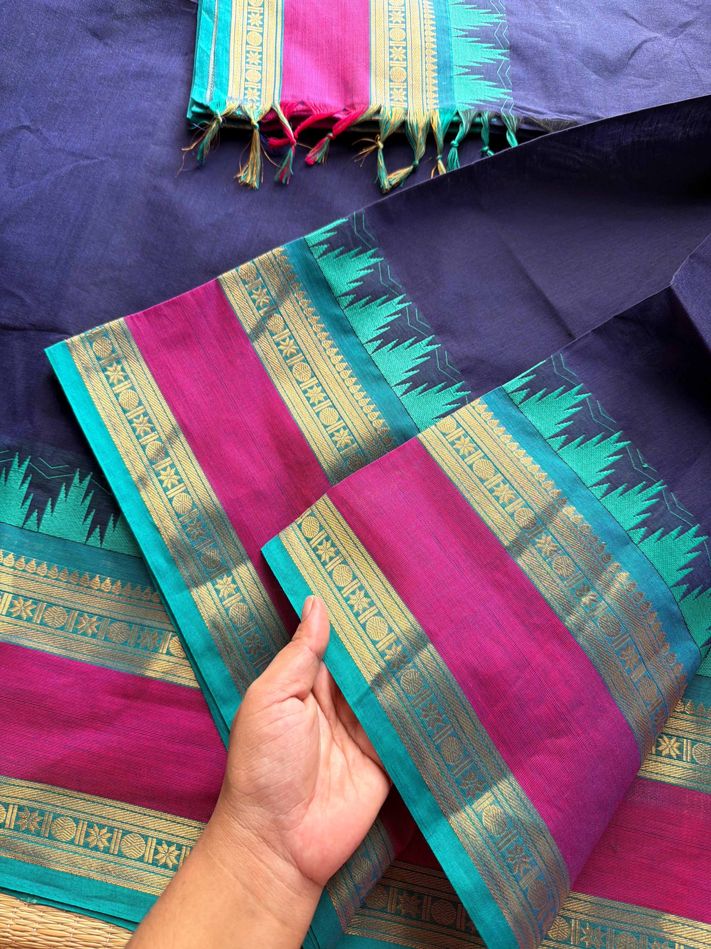 RF308 Navy Blue with sky blue combination Kanchi cotton saree with Rettapet border and unique Thazhampoo pattern
