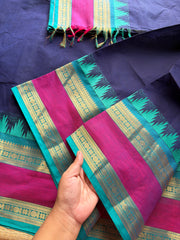 RF308 Navy Blue with sky blue combination Kanchi cotton saree with Rettapet border and unique Thazhampoo pattern