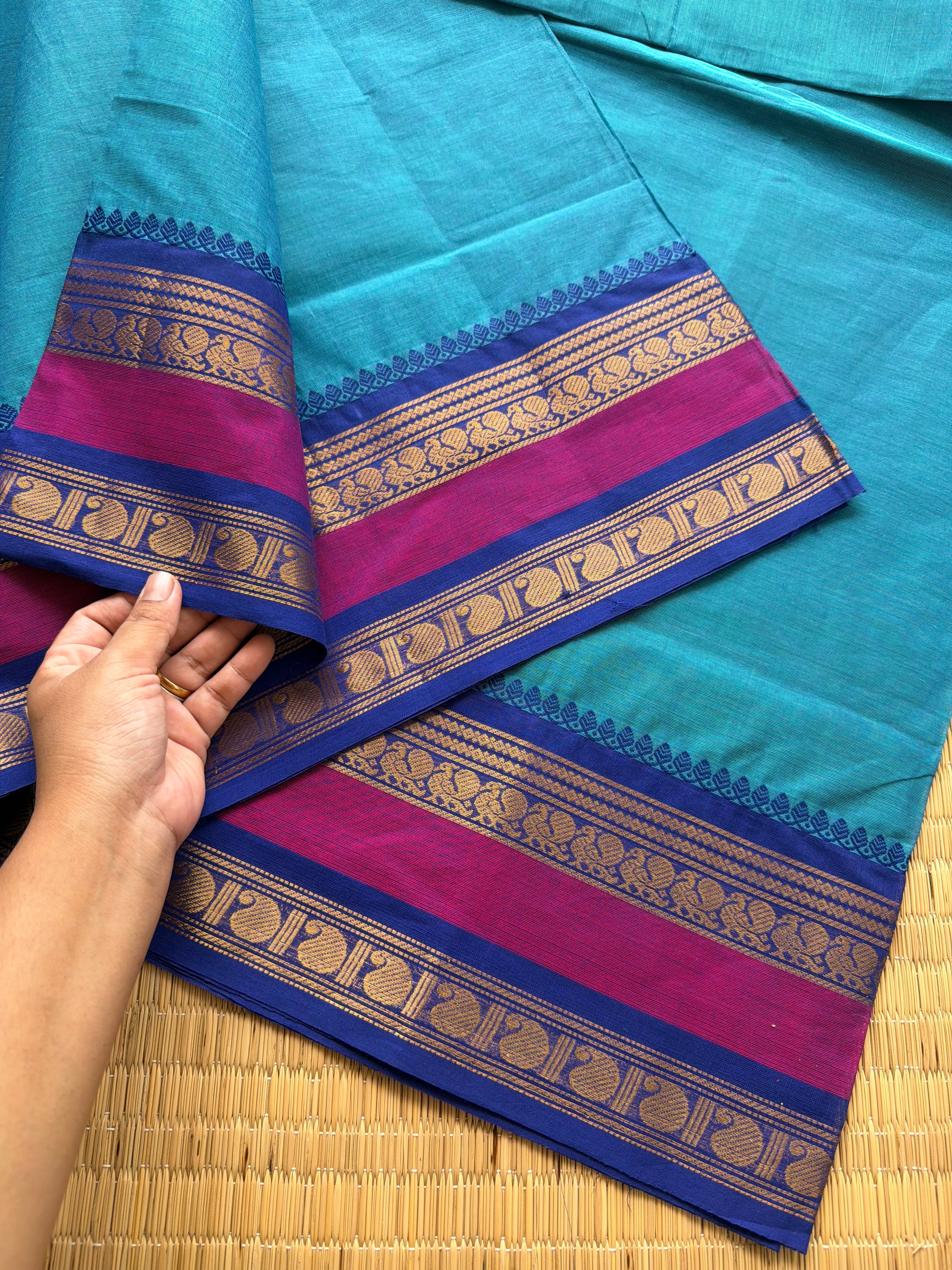RF147 Peacock blue shade with royal blue and magenta pink combination kanchi cotton saree with Rettapet border