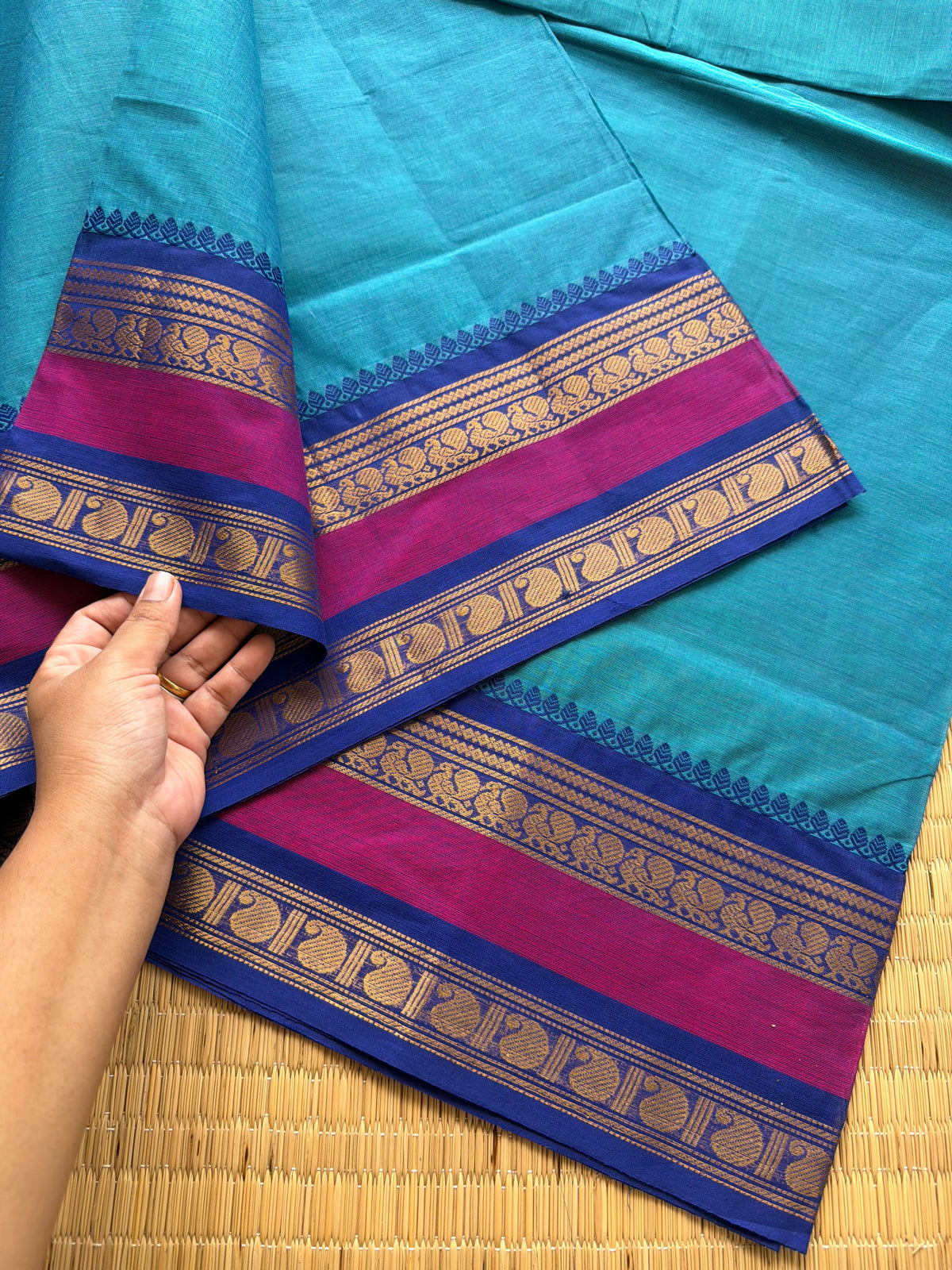 RF147 Peacock blue shade with royal blue and magenta pink combination kanchi cotton saree with Rettapet border
