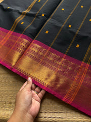 RF905 Black ~ Kanchi cotton saree with handmade thread buttas
