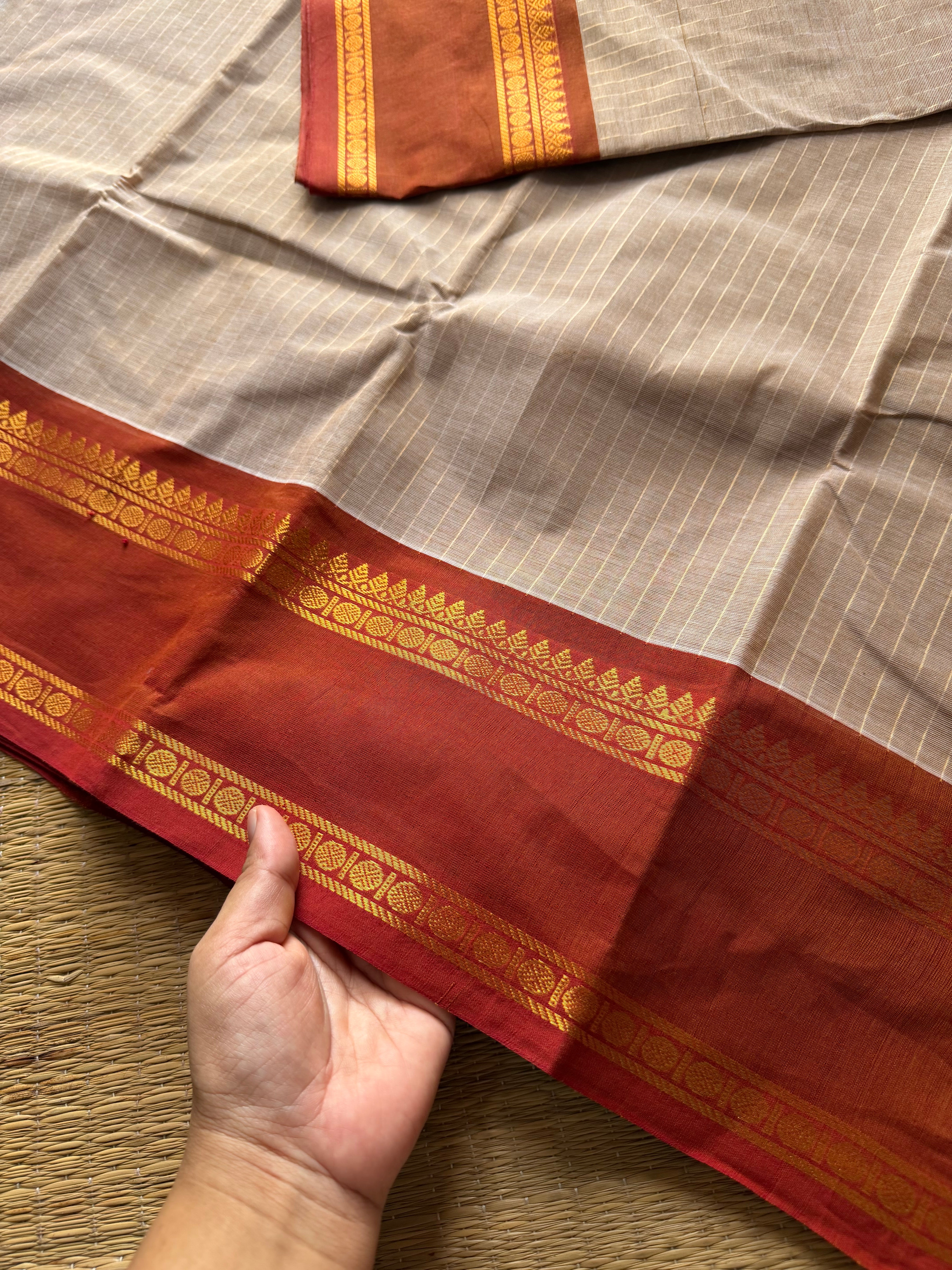 RF509 Beige with rust orange combination Kanchi cotton saree with vintage gap border and fully Vairaoosi pattern