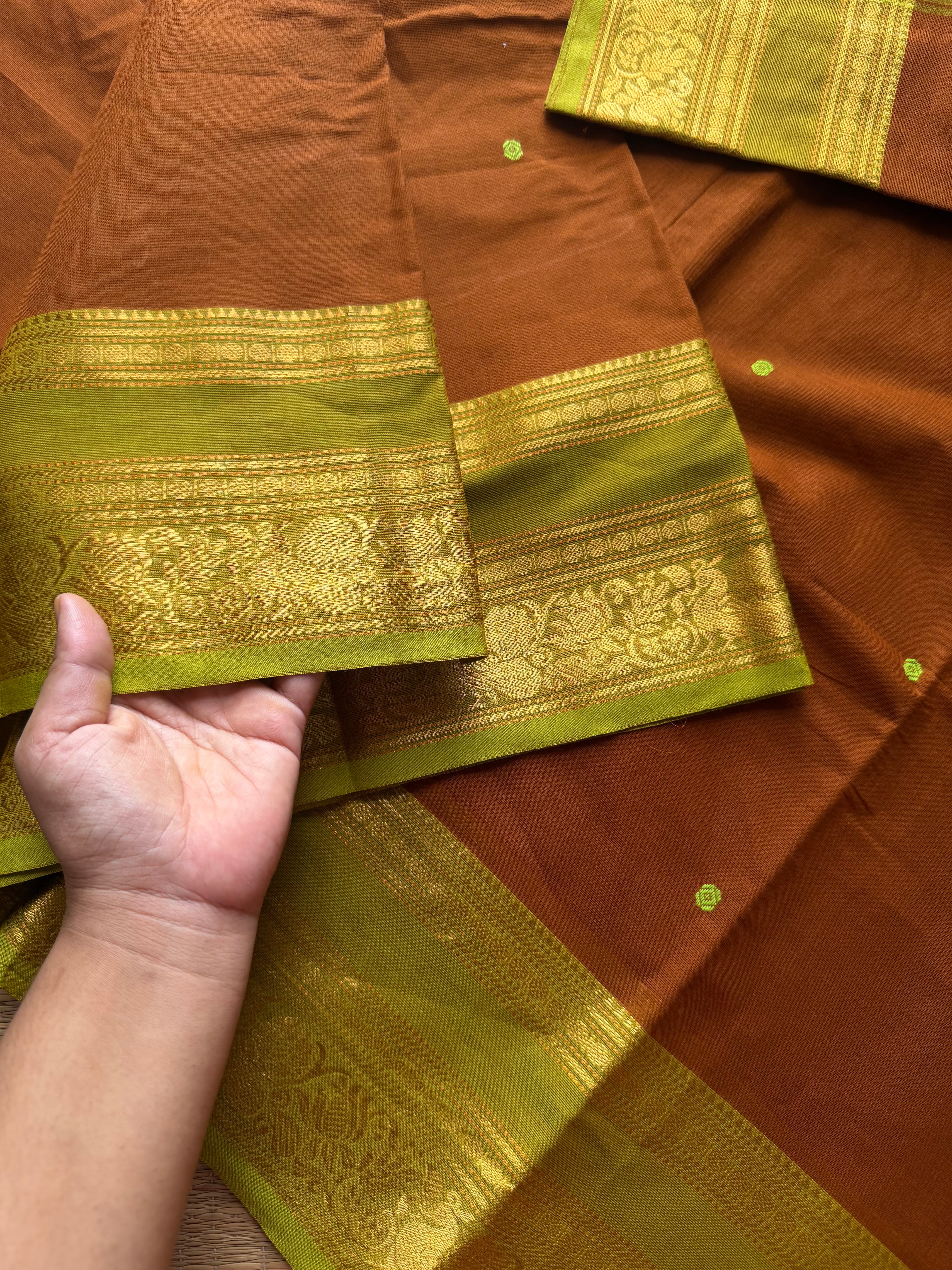 RF591 Rust wood brown shade with lime green combination Kanchi cotton saree with handmade thread buttas & floral pattern border