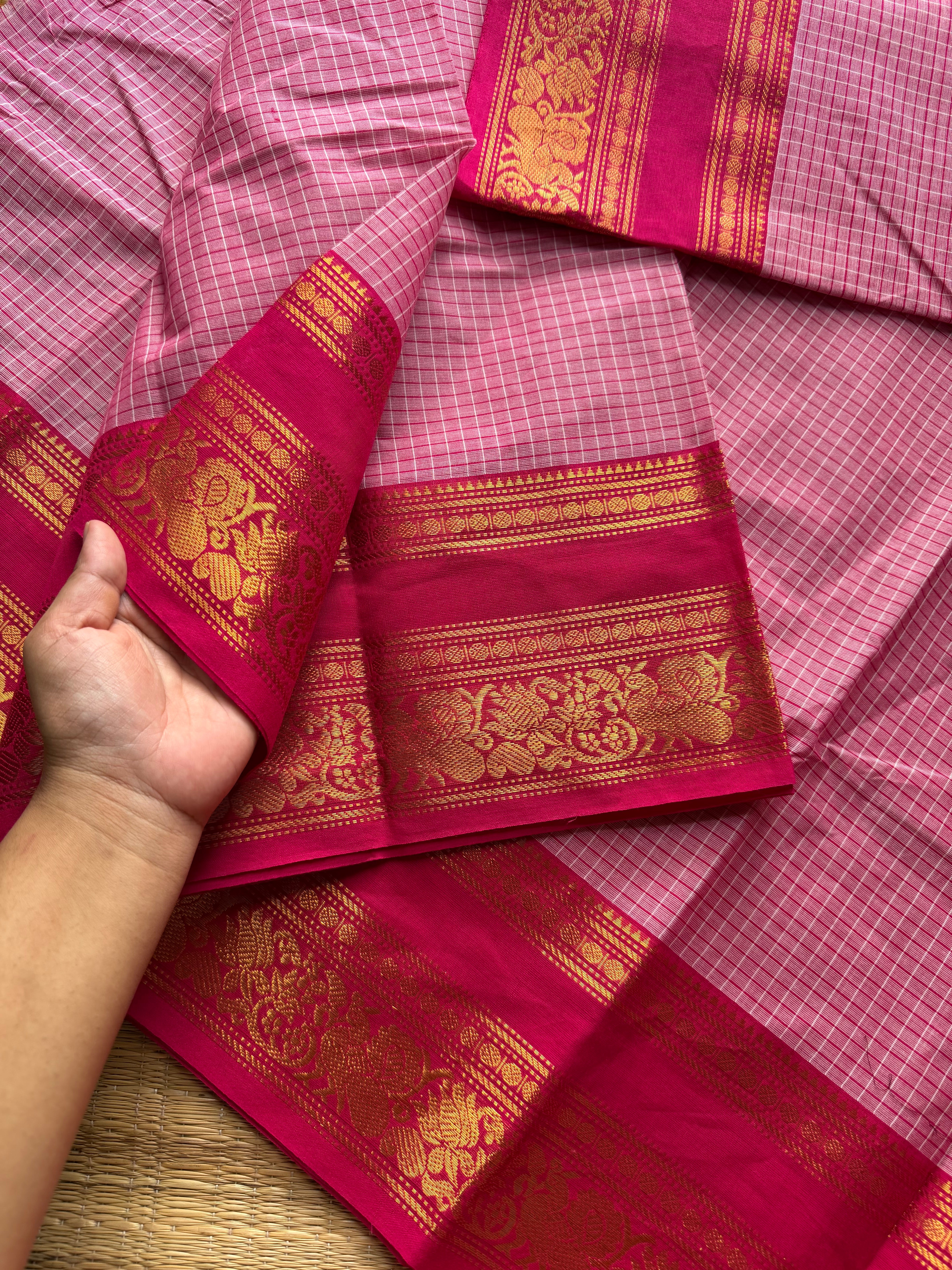 RF543 Pastel pink with contrast dark pink combination checks / kattam pattern Kanchi cotton saree unique  with floral pattern contrast zari border