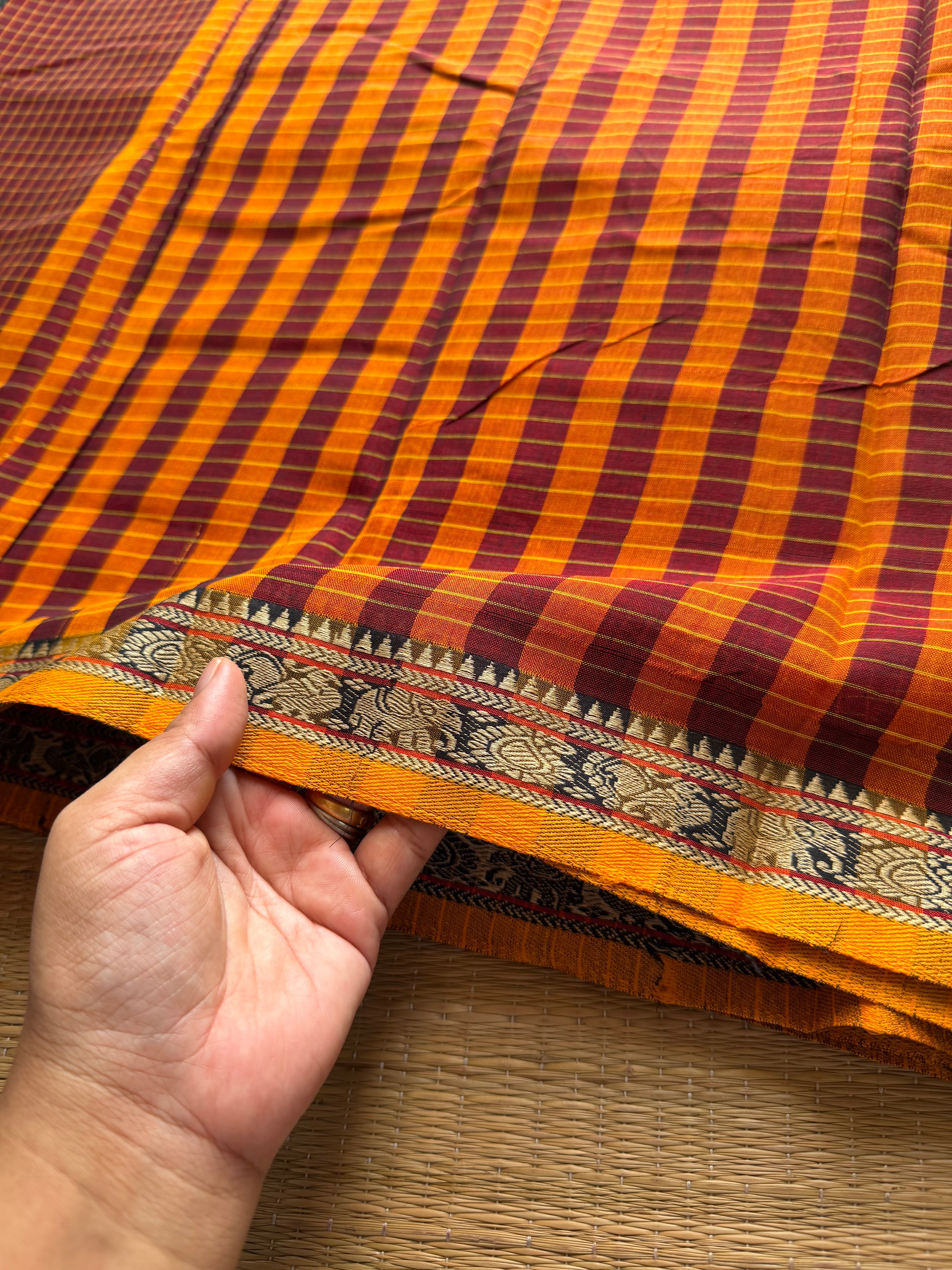 Maroon Narayanpet cotton saree with small border & Kattam / checks pattern saree