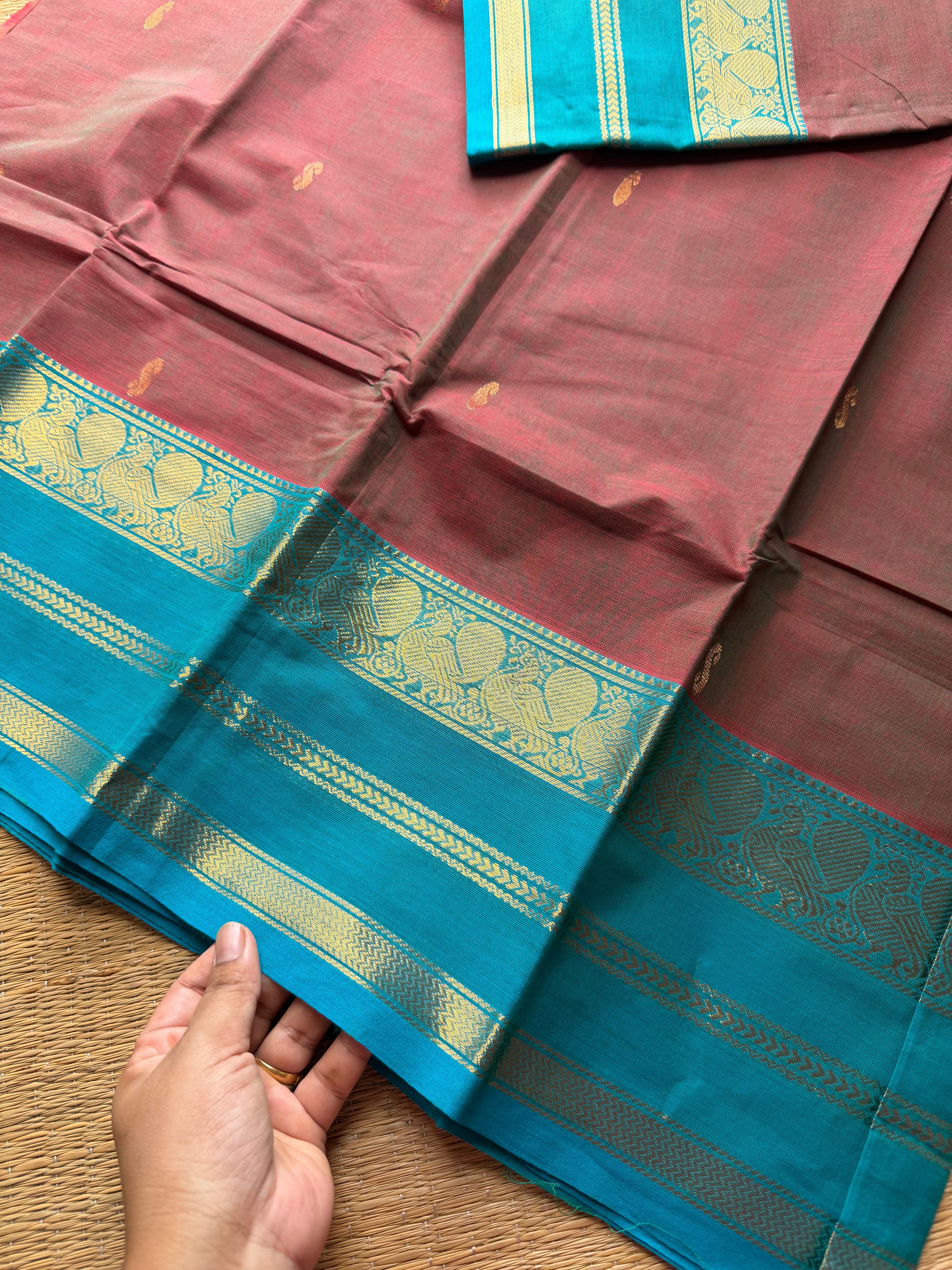 Unique and dual shade Kanchi cotton saree with contrast sky blue border and handmade golden Zari Buttas