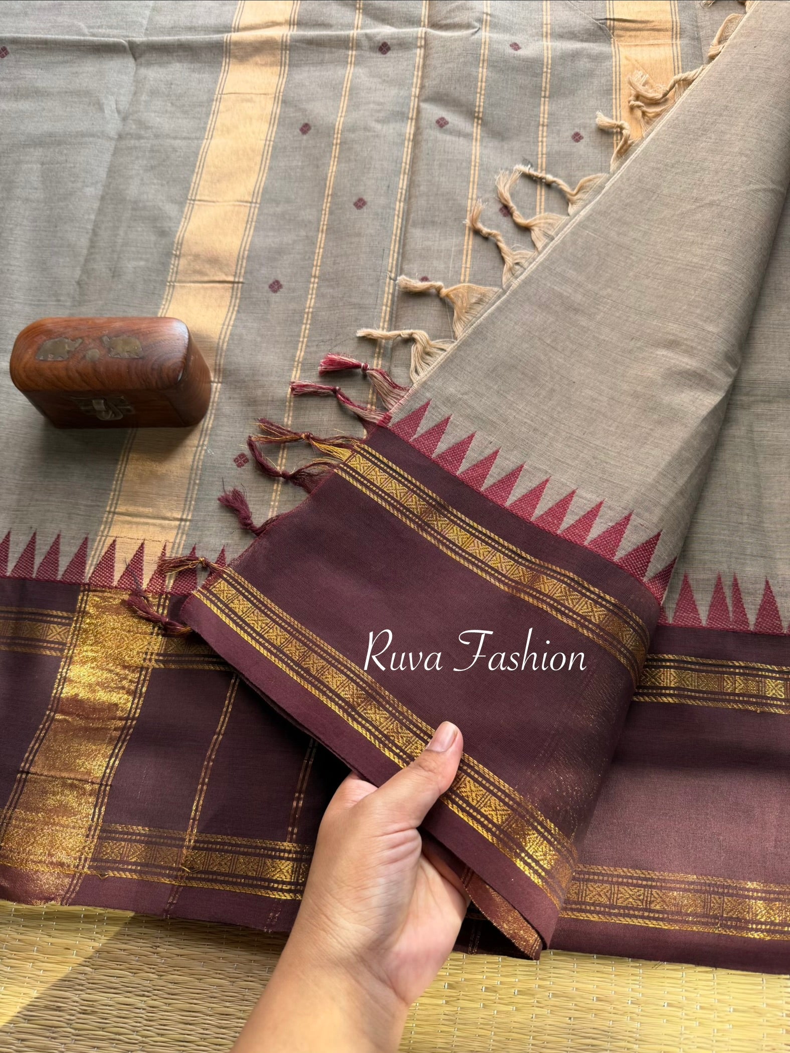 RF74 Grey with contrast brown vintage border  Kanchi cotton saree with hand made thread buttas