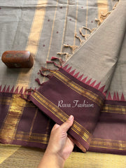 RF74 Grey with contrast brown vintage border  Kanchi cotton saree with hand made thread buttas
