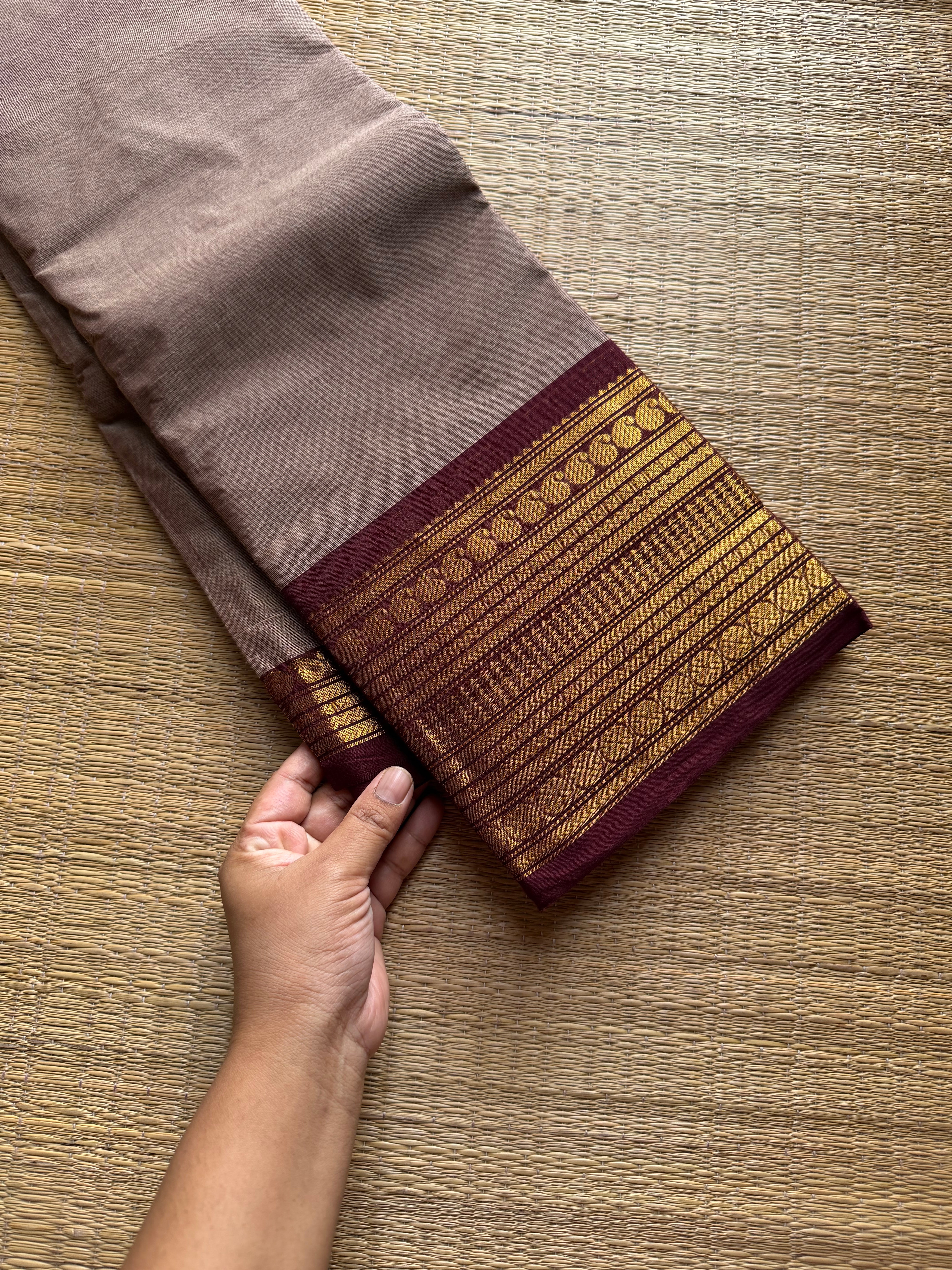 RF1031 Dual tone biscuit shade with brown border Kanchi cotton saree