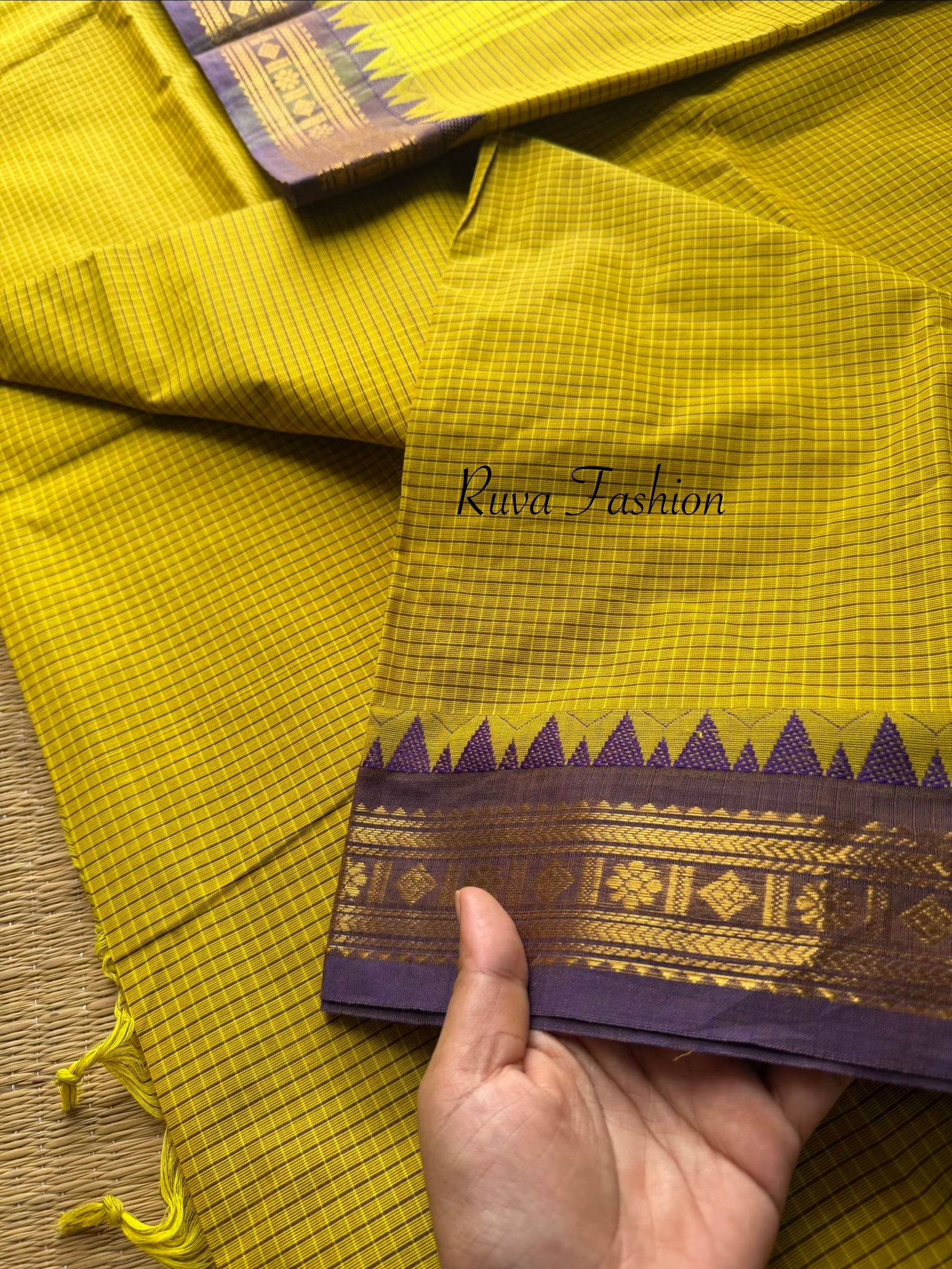 RF108 Mustard Yellow with purple shade combination vintage style Podi Kattam / small checks Kanchi cotton saree