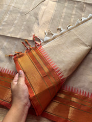 RF190 Cream shade with contrast light orange shade medium size border Kanchi cotton saree