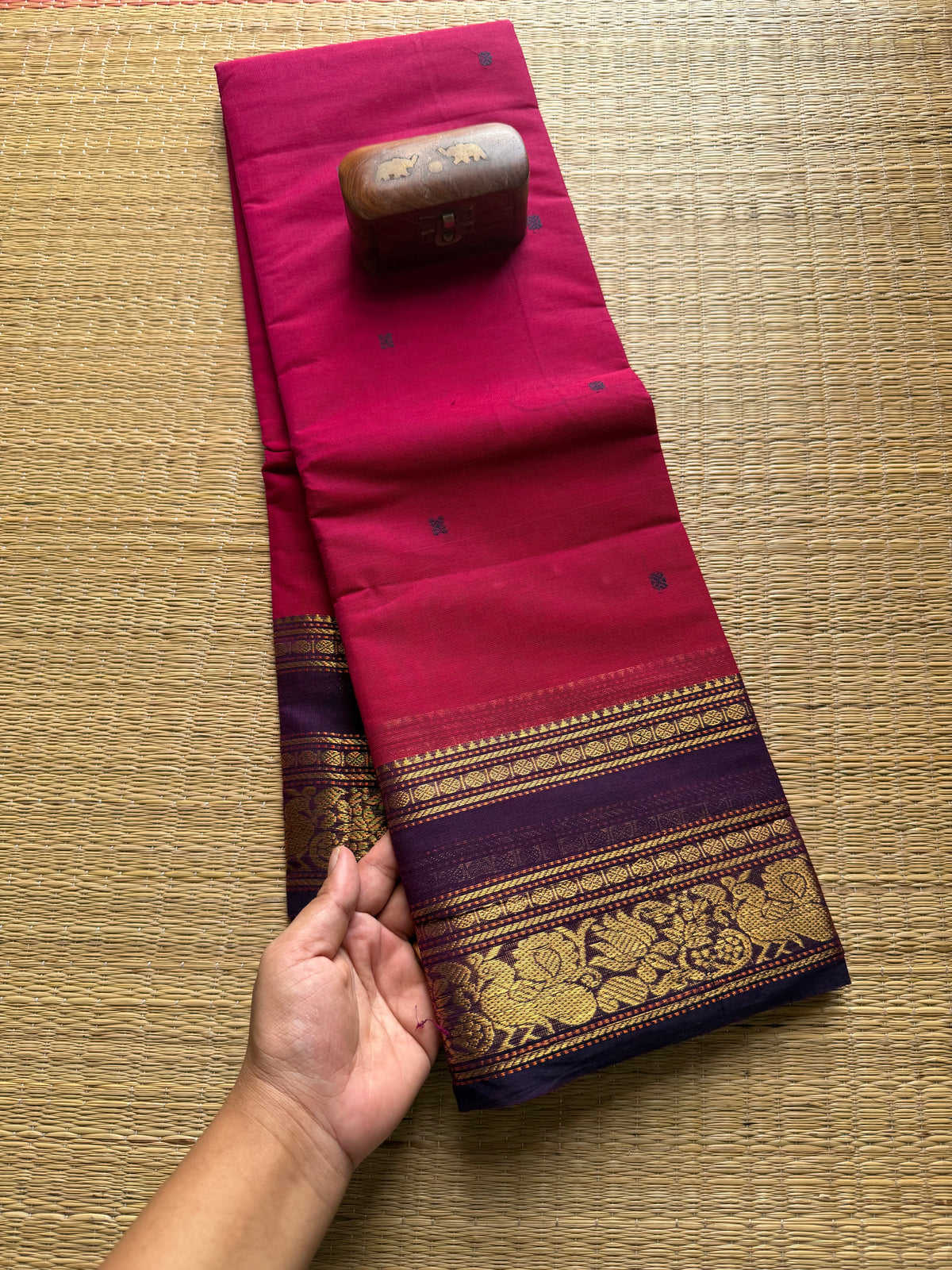 Dark Pink Kanchi Cotton Saree With Handmade Thread Buttas