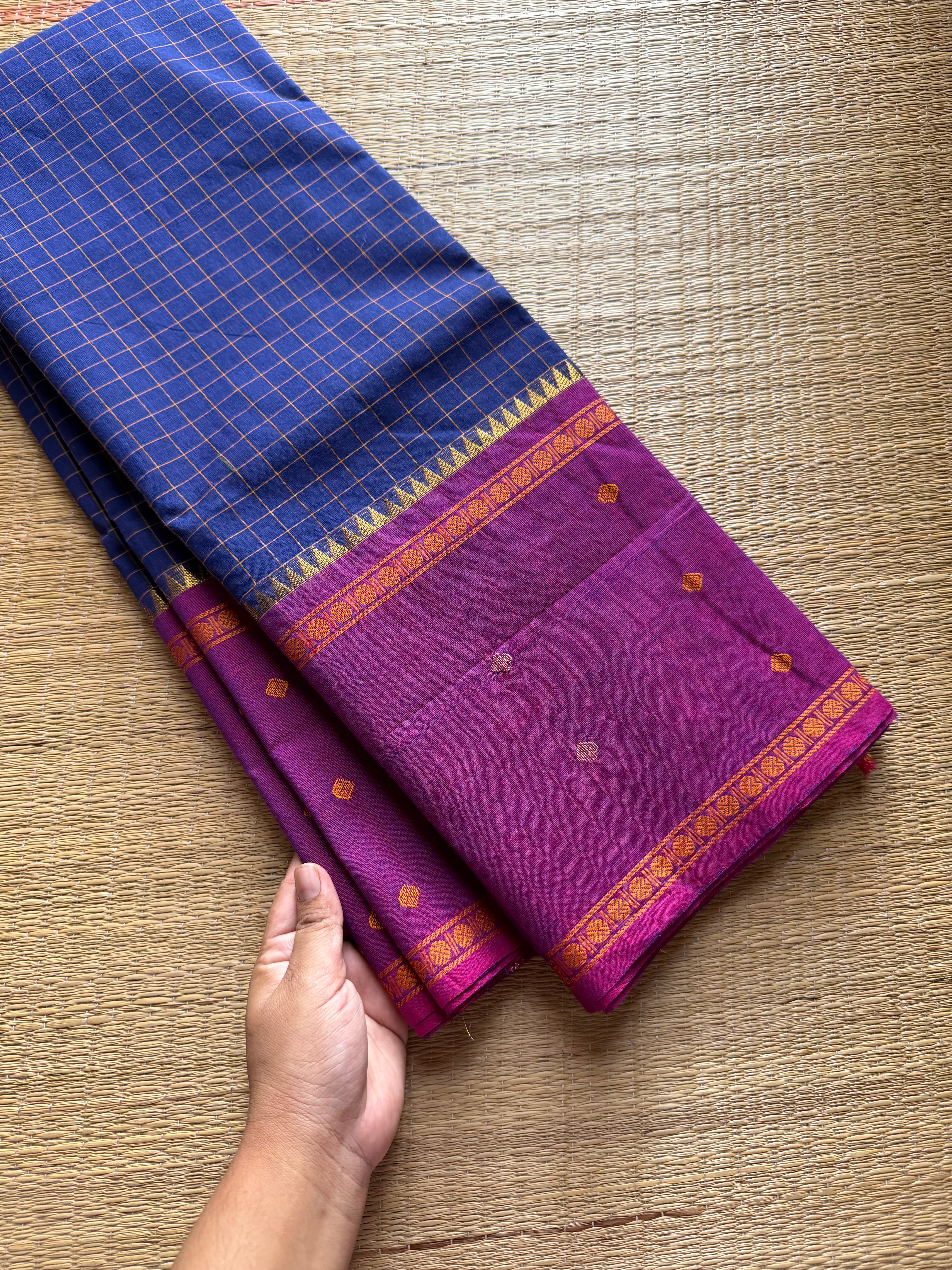 Blue with light purple combination Vintage Border Kanchi Cotton Saree With kattam / checks pattern & handwoven Buttas on the border