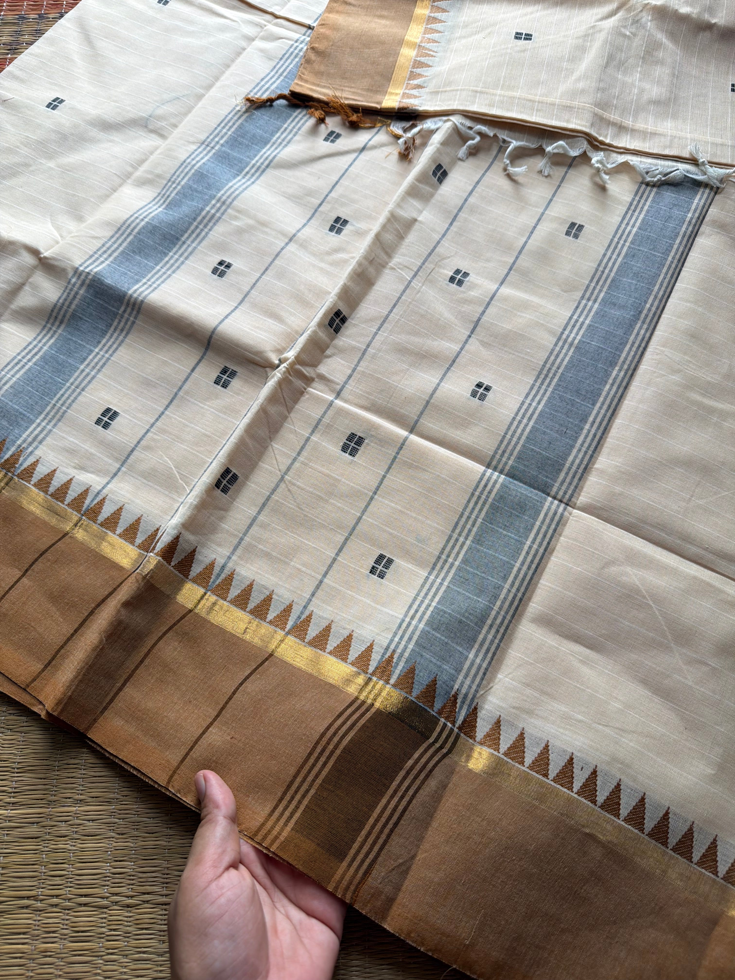 RF405 Cream Shade Kanchi Cotton Saree with handmade thread buttas