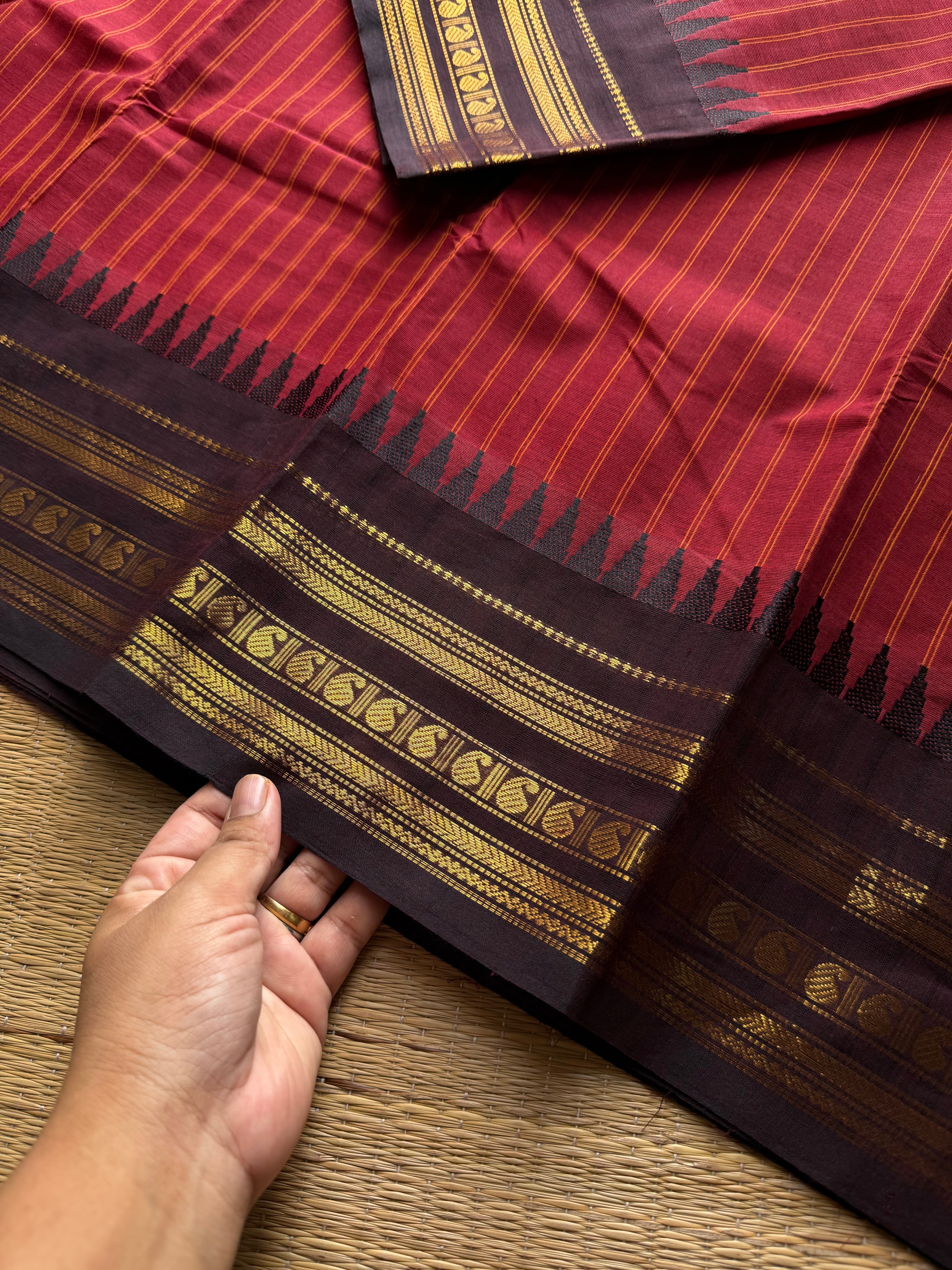 RF1040 Reddish maroon with brown combination Kanchi cotton saree with vertical stripes pattern
