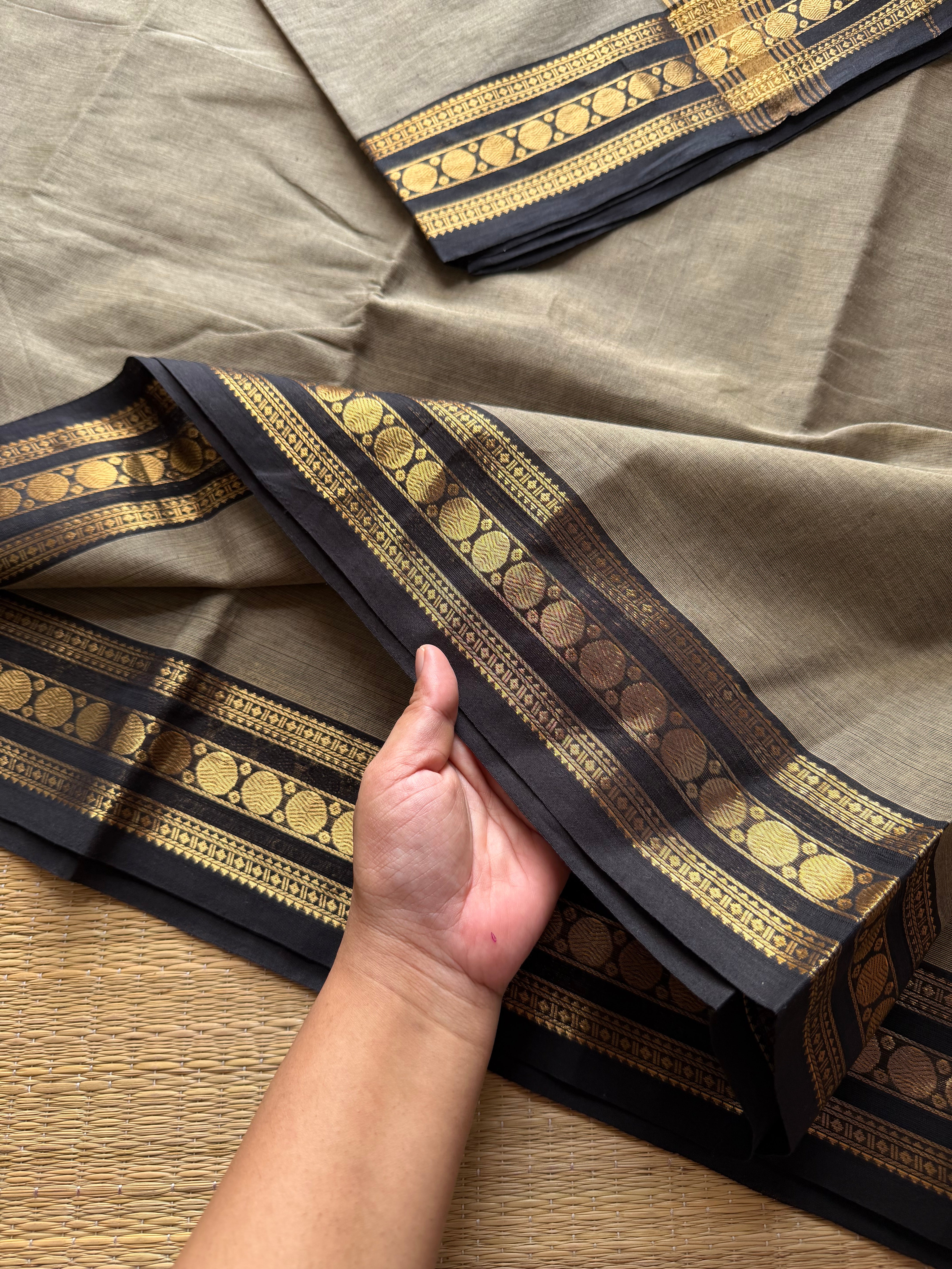 RF445 Grey with black combination small border Kanchi cotton saree