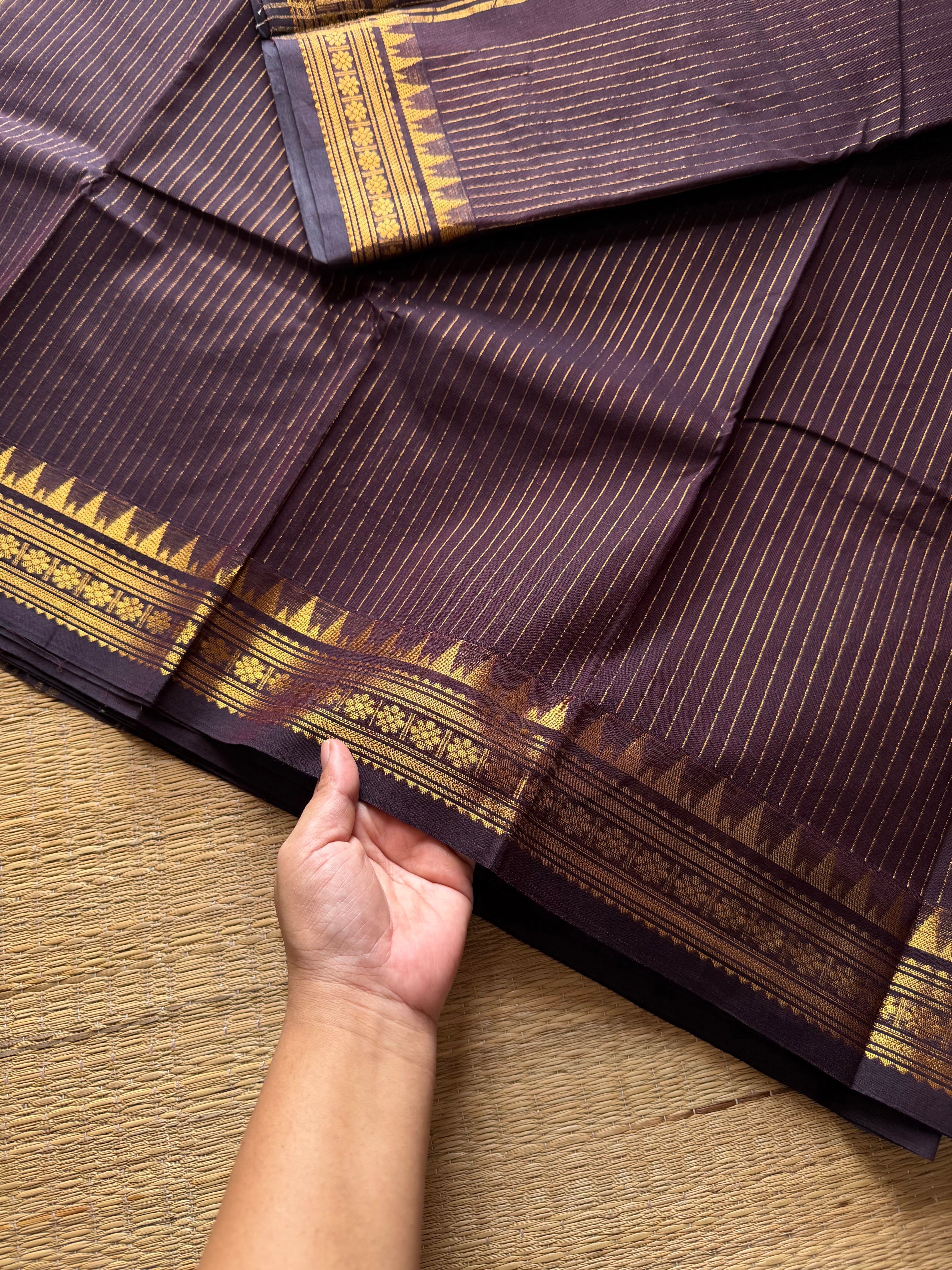 RF481 Monotone Coffee brown shade Kanchi cotton saree with silk saree inspired fully Vaira Oosi pattern and small golden Zari border