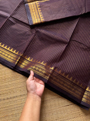 RF481 Monotone Coffee brown shade Kanchi cotton saree with silk saree inspired fully Vaira Oosi pattern and small golden Zari border