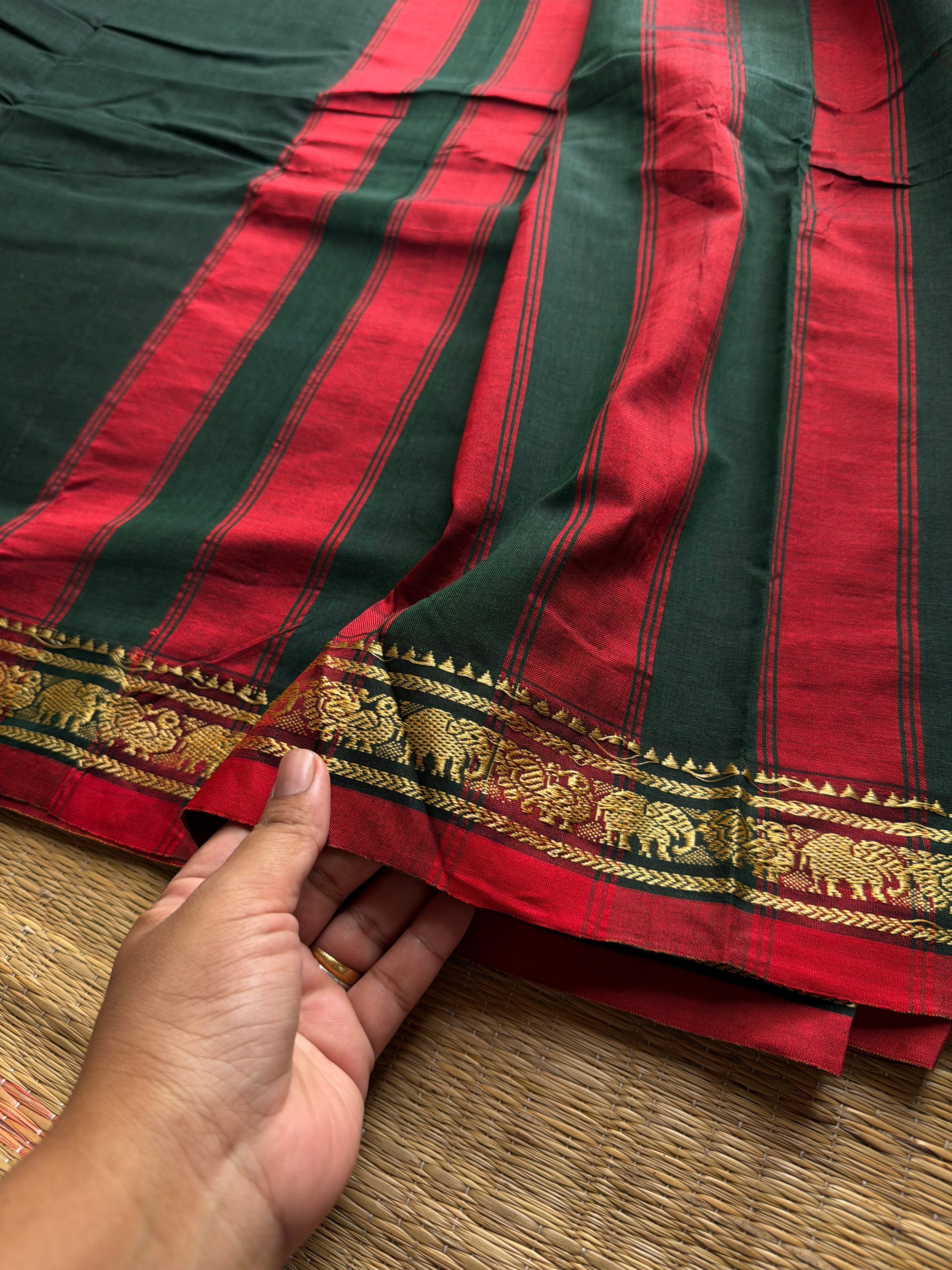 RF935 Darkest bottle green ~ Mercerised Narayanpet soft cotton saree with small thread border