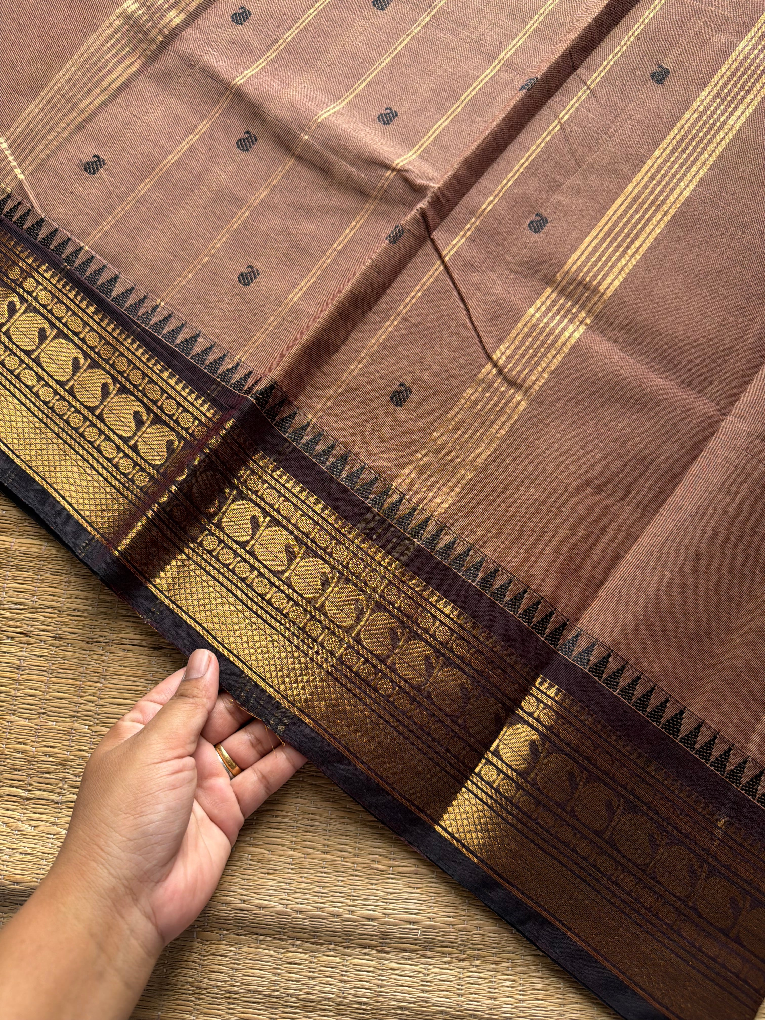 RF1024 Beige with brown shade Kanchi cotton saree with handmade thread buttas