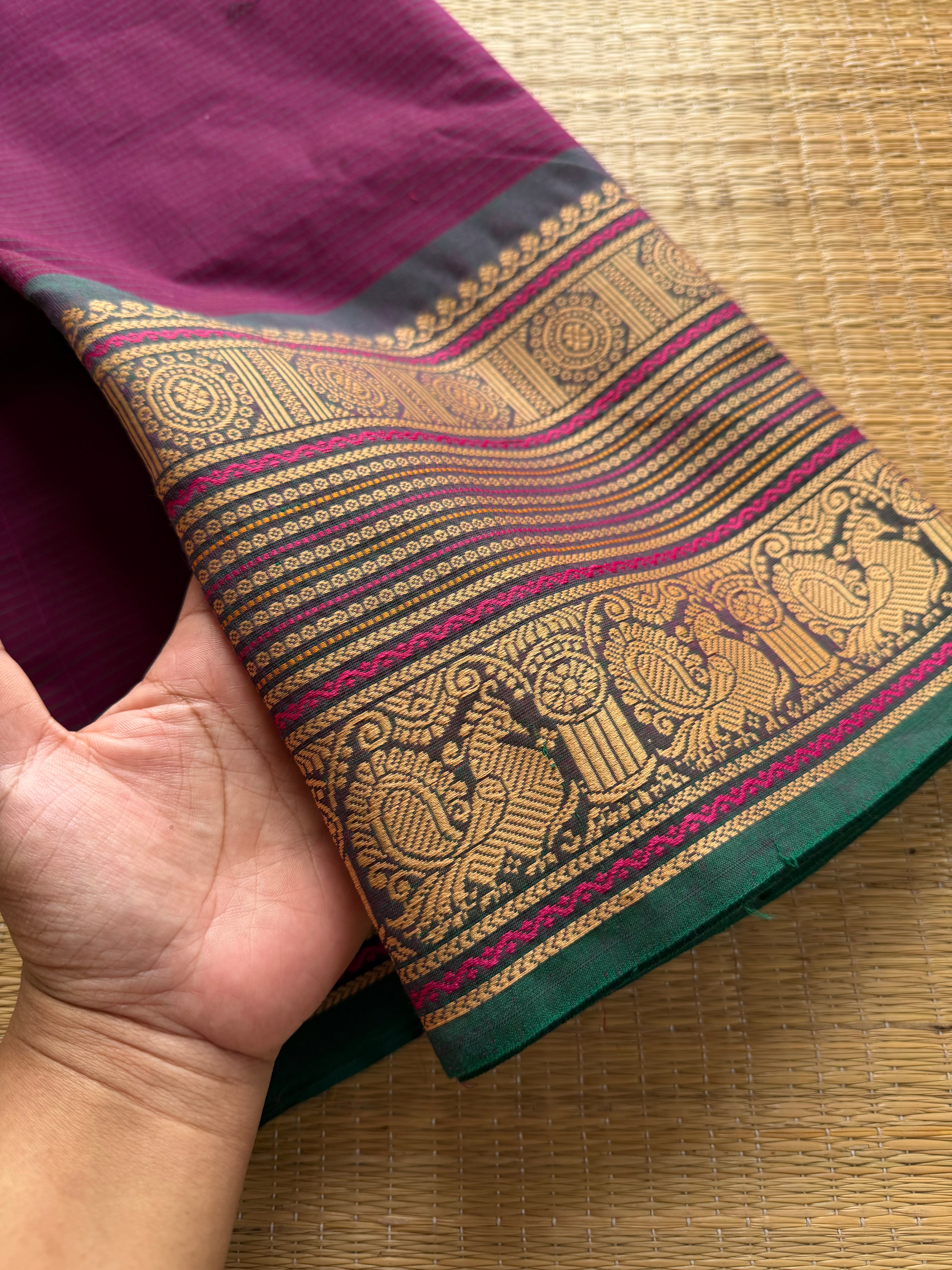 RF440 Magenta with green combination Premium & Soft Kanchi Cotton Saree with intricate horizontal stripped lines