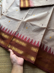 Beige shade Kanchi cotton saree with handmade thread buttas