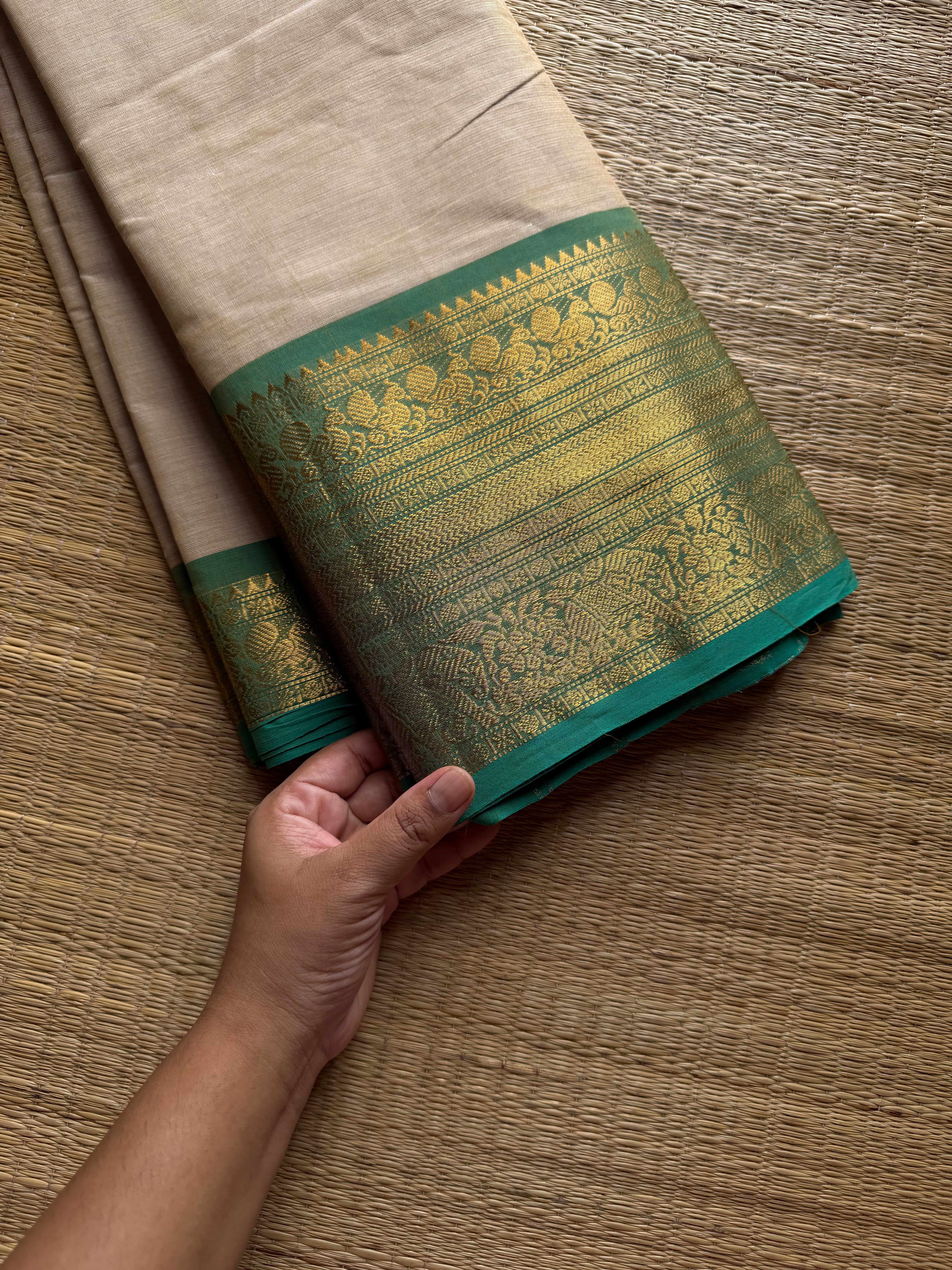 RF1307 Beige with light teal green combination Kanchi cotton saree