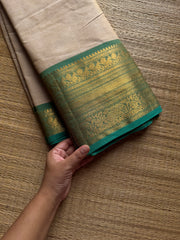 RF1307 Beige with light teal green combination Kanchi cotton saree
