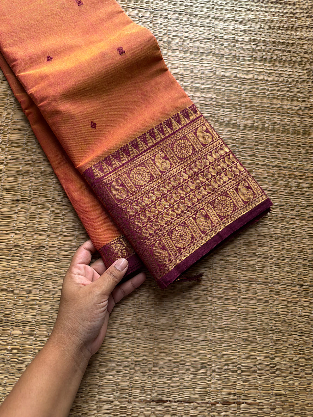 RF1009 Dual tone mango shade ~ Kanchi cotton saree with handmade thread buttas